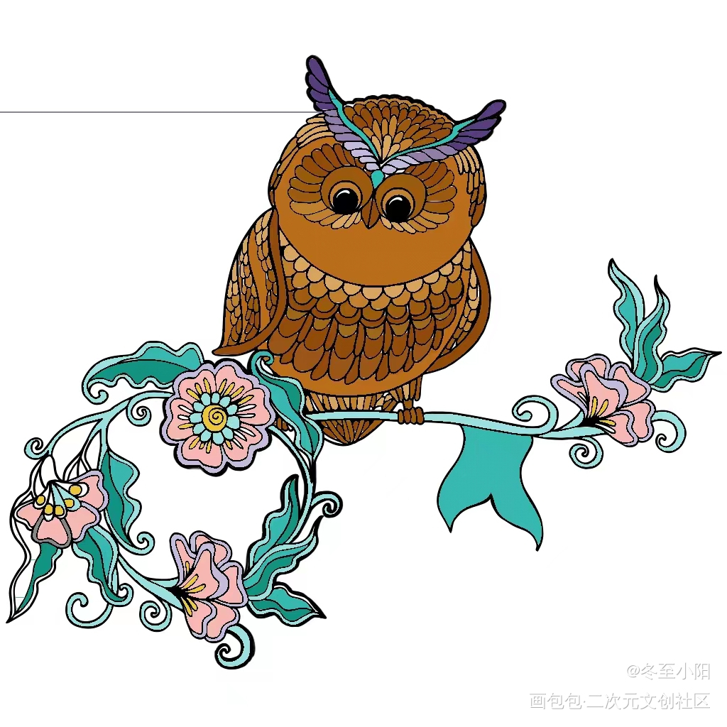 猫头鹰也喜欢春日的花花_平涂绘画作品