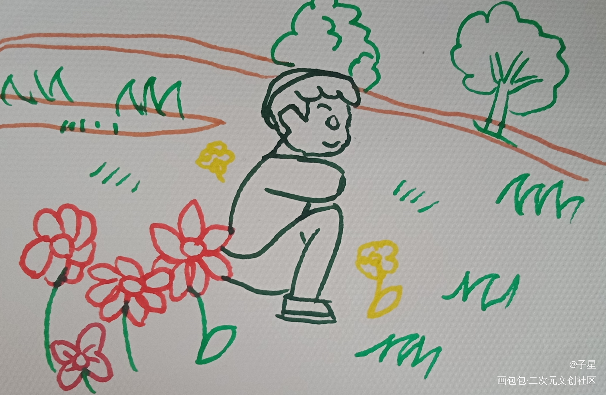 春日里坐在草坪上的小男孩_唤醒春日主题打卡绘画作品