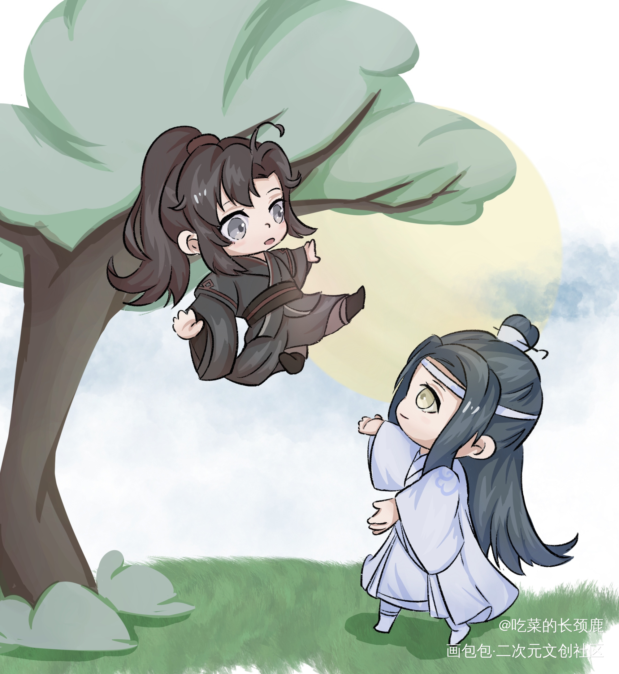如果他接住我，我就…_魔道祖师忘羡蓝忘机魏无羡魏无羡Q版唤醒春日主题打卡绘画作品