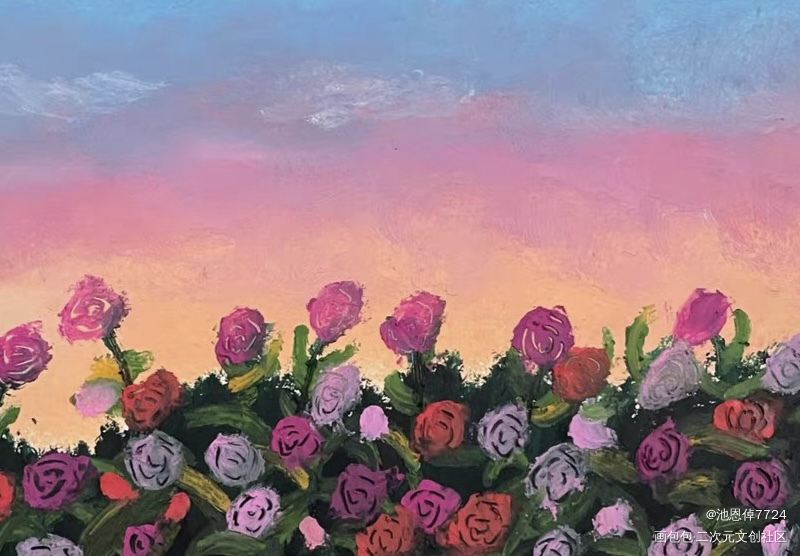 春天的玫瑰丛_风景绘画作品