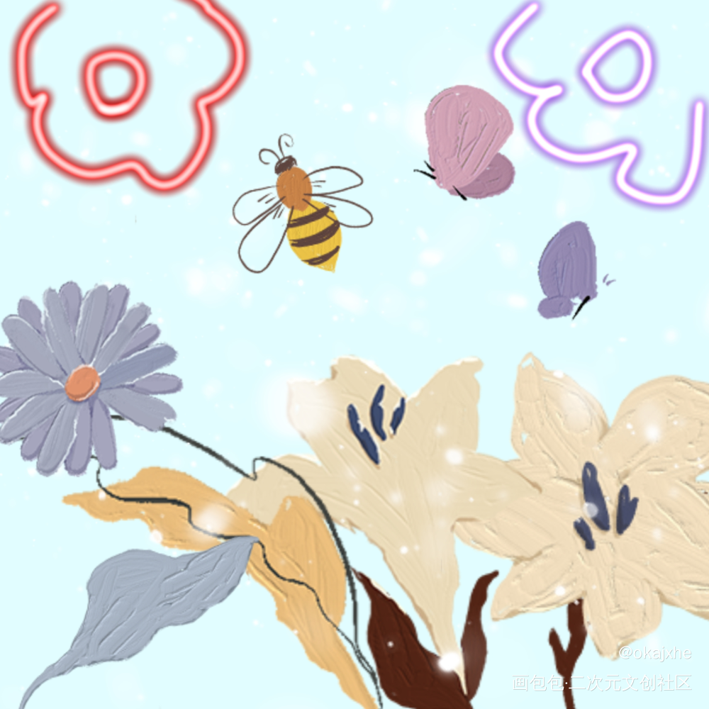 花，蝶，蜜蜂_手绘绘画作品
