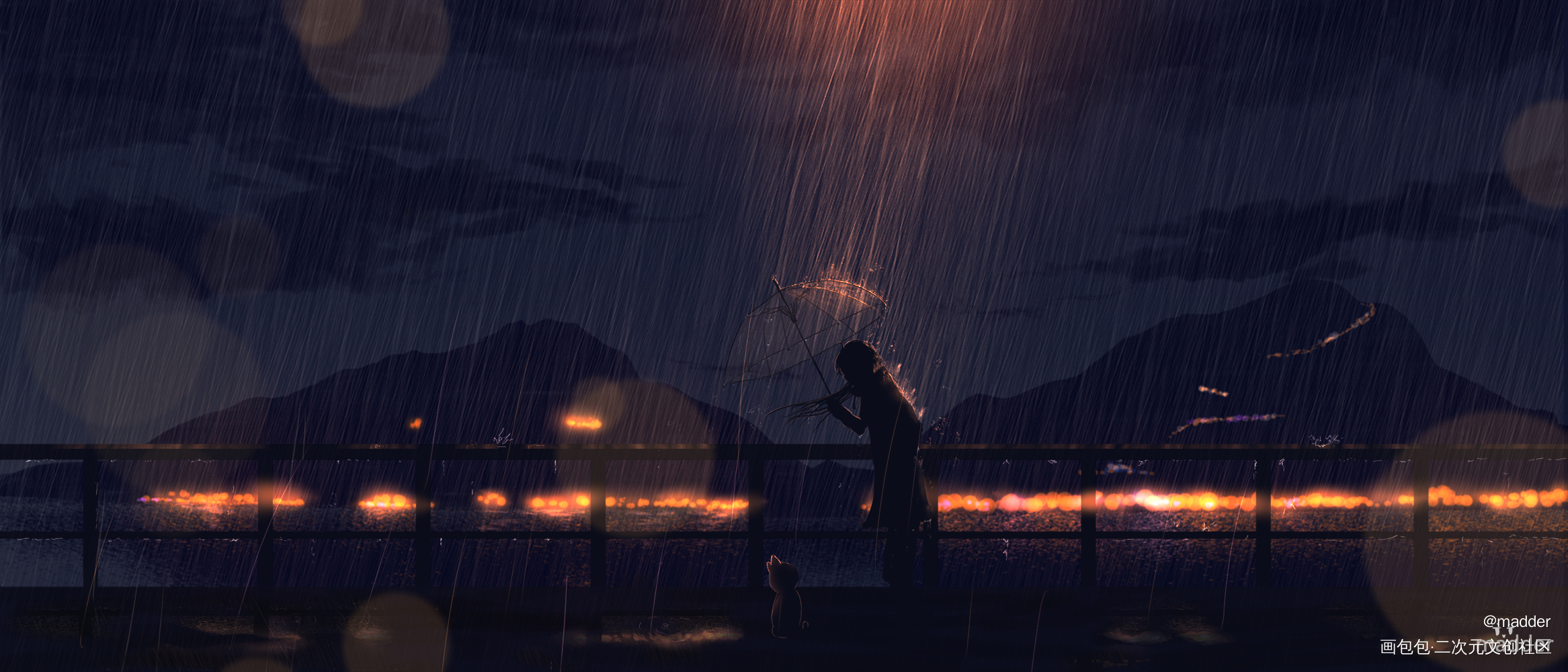 雨是悲欢离合_厚涂日系雨夜景场景板绘绘画作品