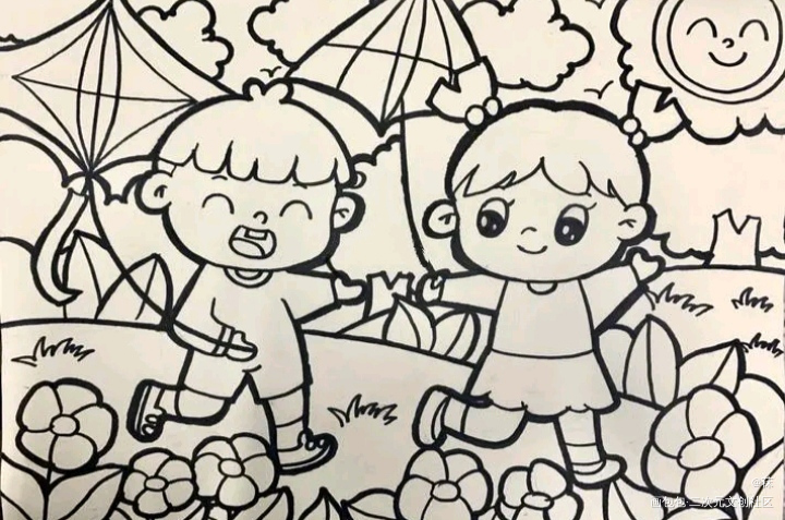春天，小草小花，和放风筝的小孩_原创绘画作品