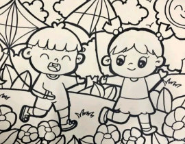 春天，小草小花，和放风筝的小孩_绘画作品