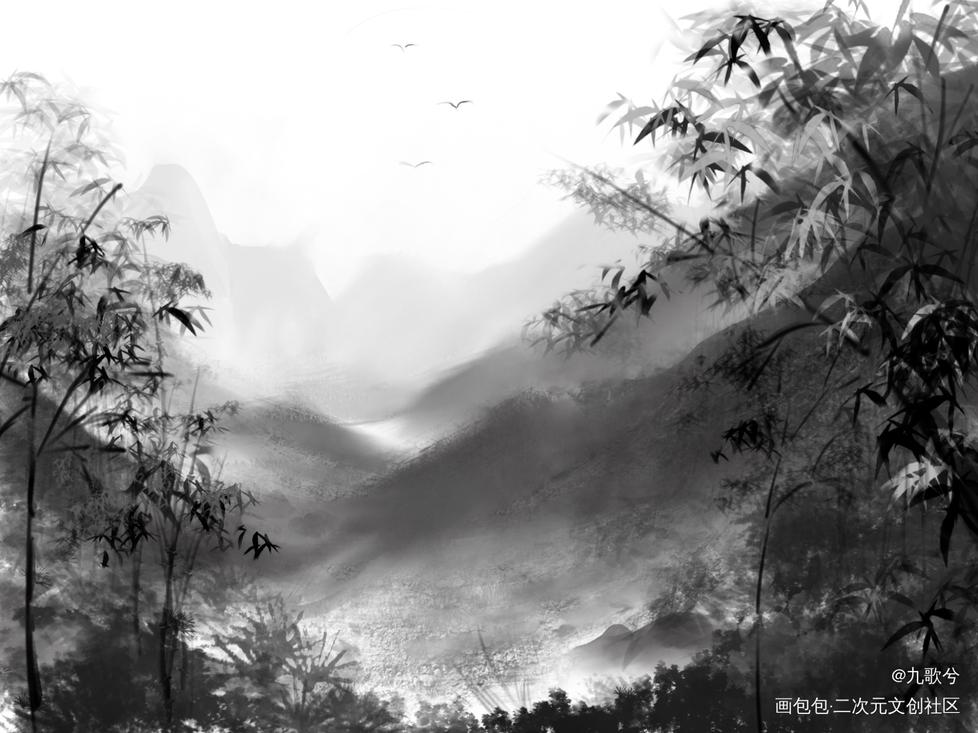 水墨风景_水墨古风插画绘画作品