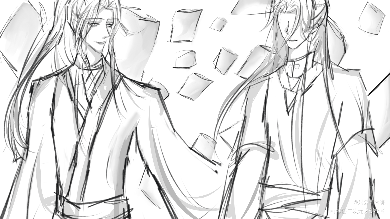 二哈和他的白猫师尊_二哈和他的白猫师尊燃晚黑白简笔摸鱼页绘画作品