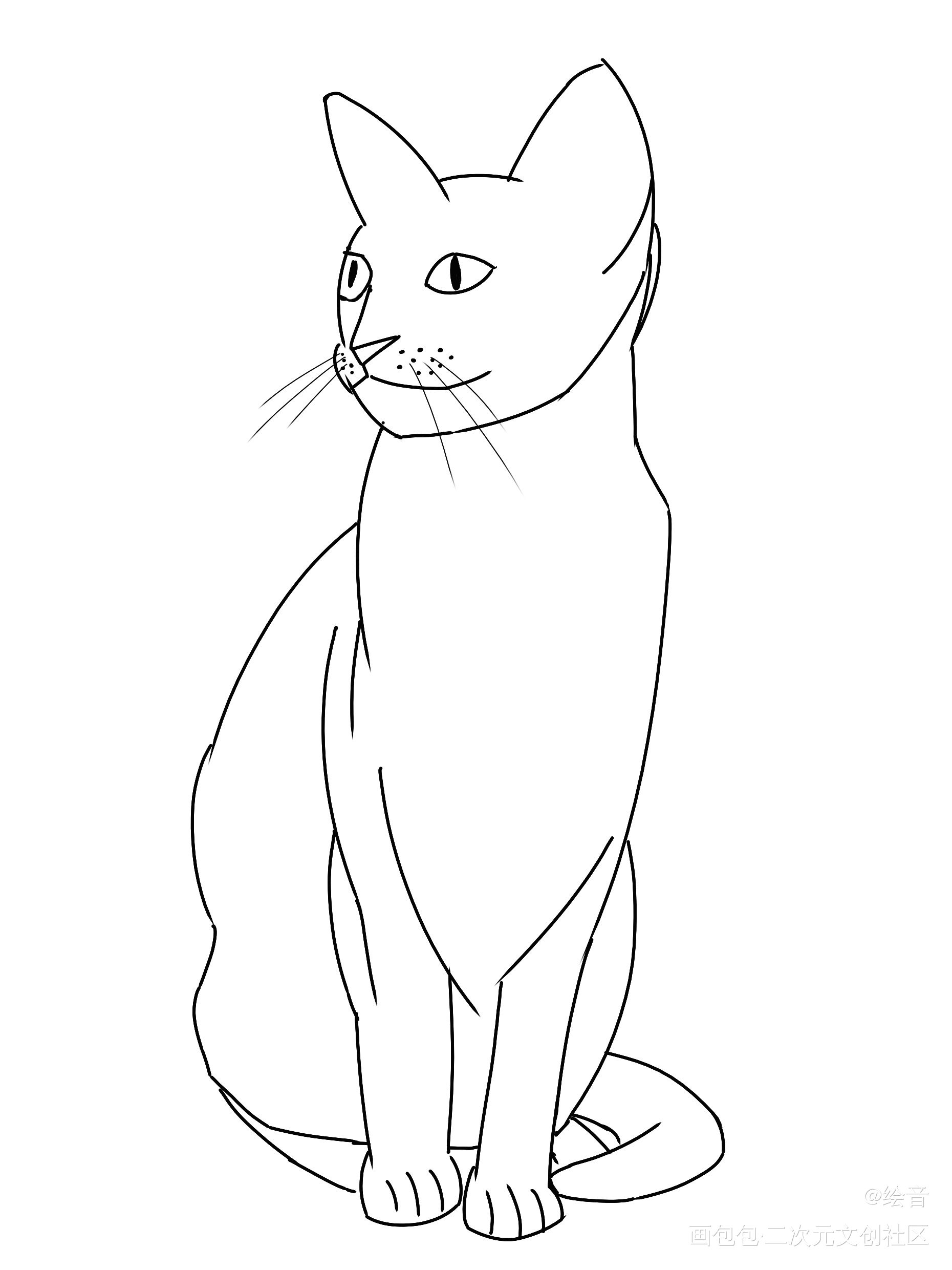 猫猫图_黑白简笔圆珠笔摸鱼页绘画作品