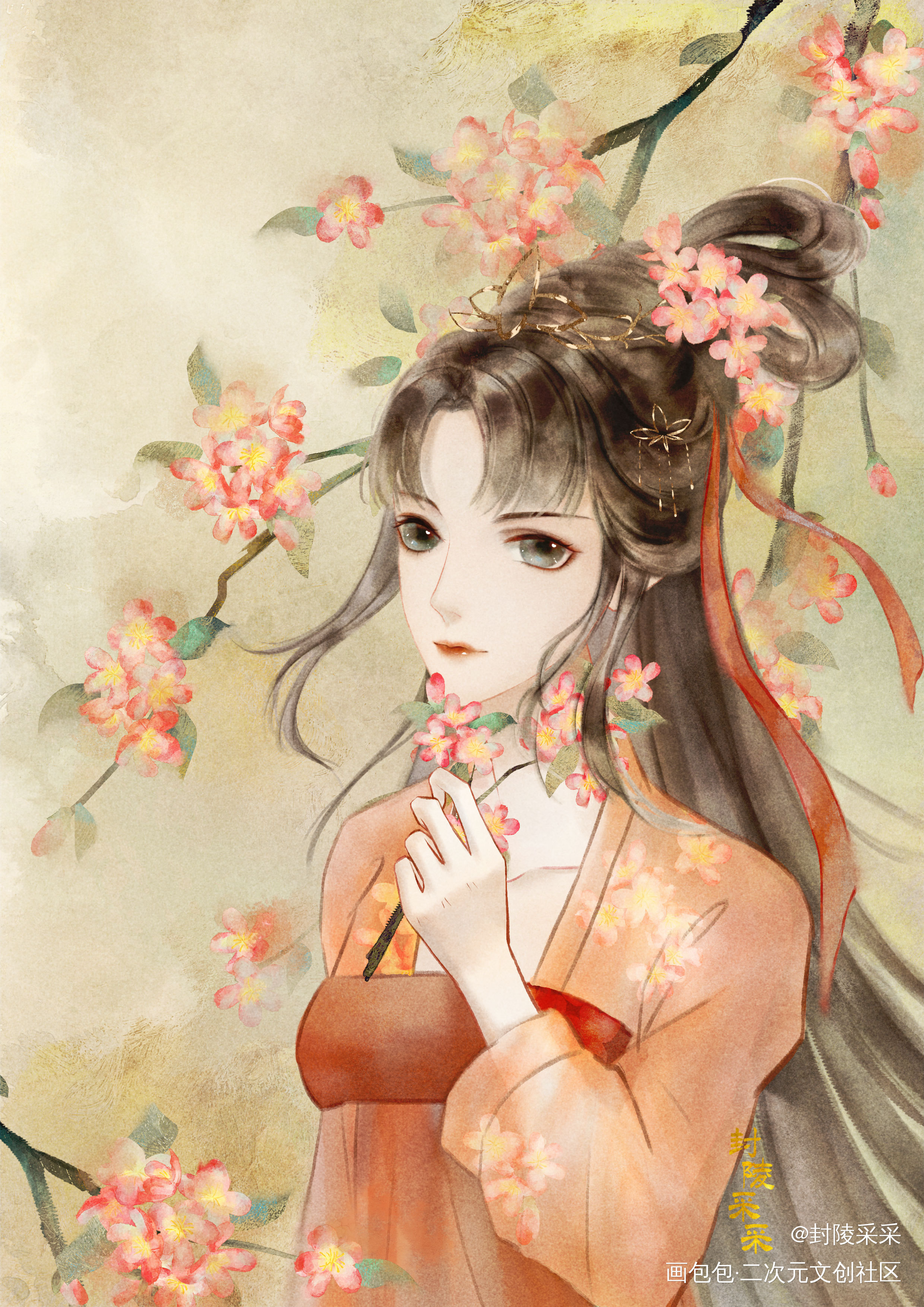 桃花三月_水墨古风水彩绘画作品