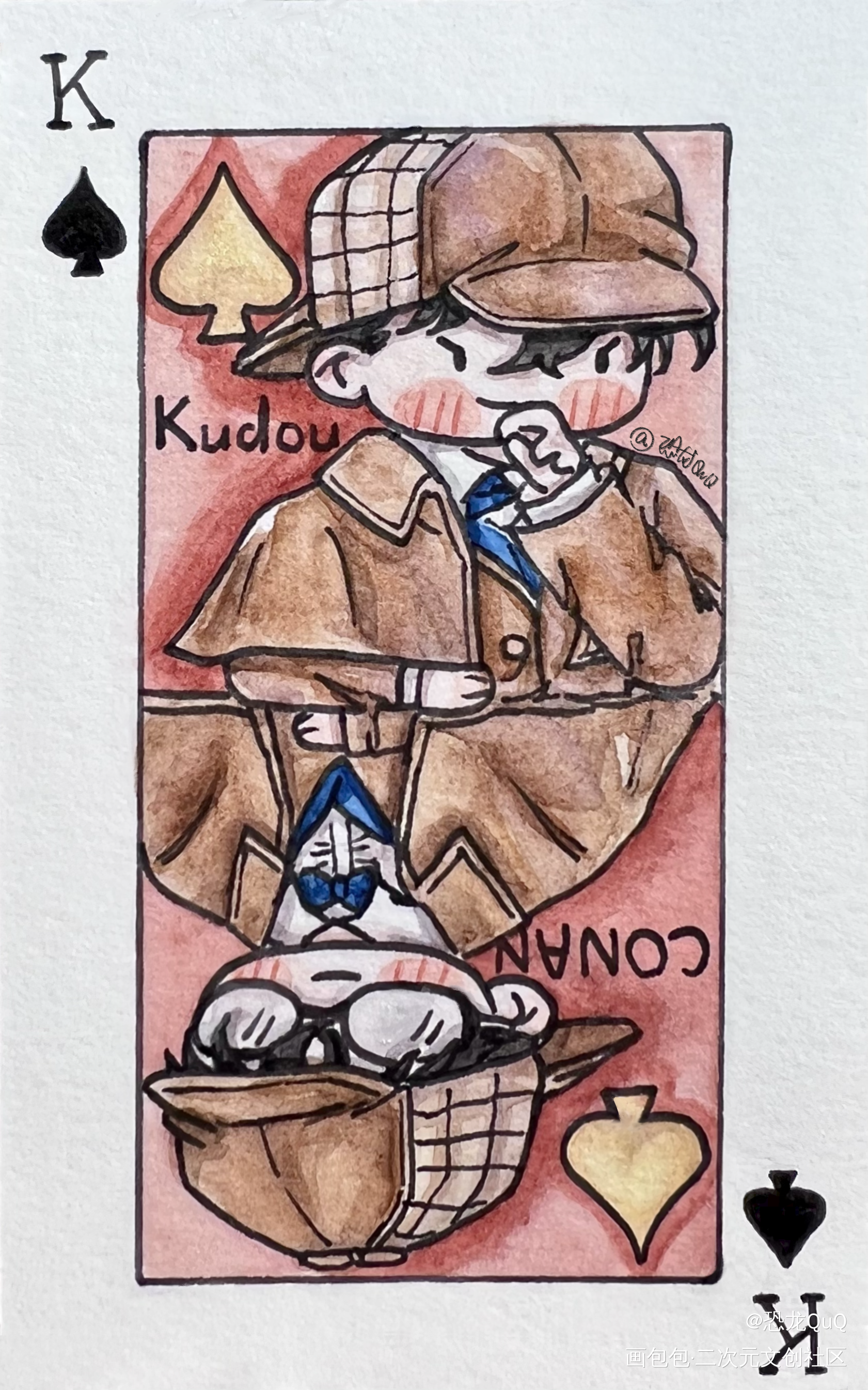 自制扑克 kid×柯南&新一_名侦探柯南工藤新一怪盗基德快新手绘水彩Q版绘画作品