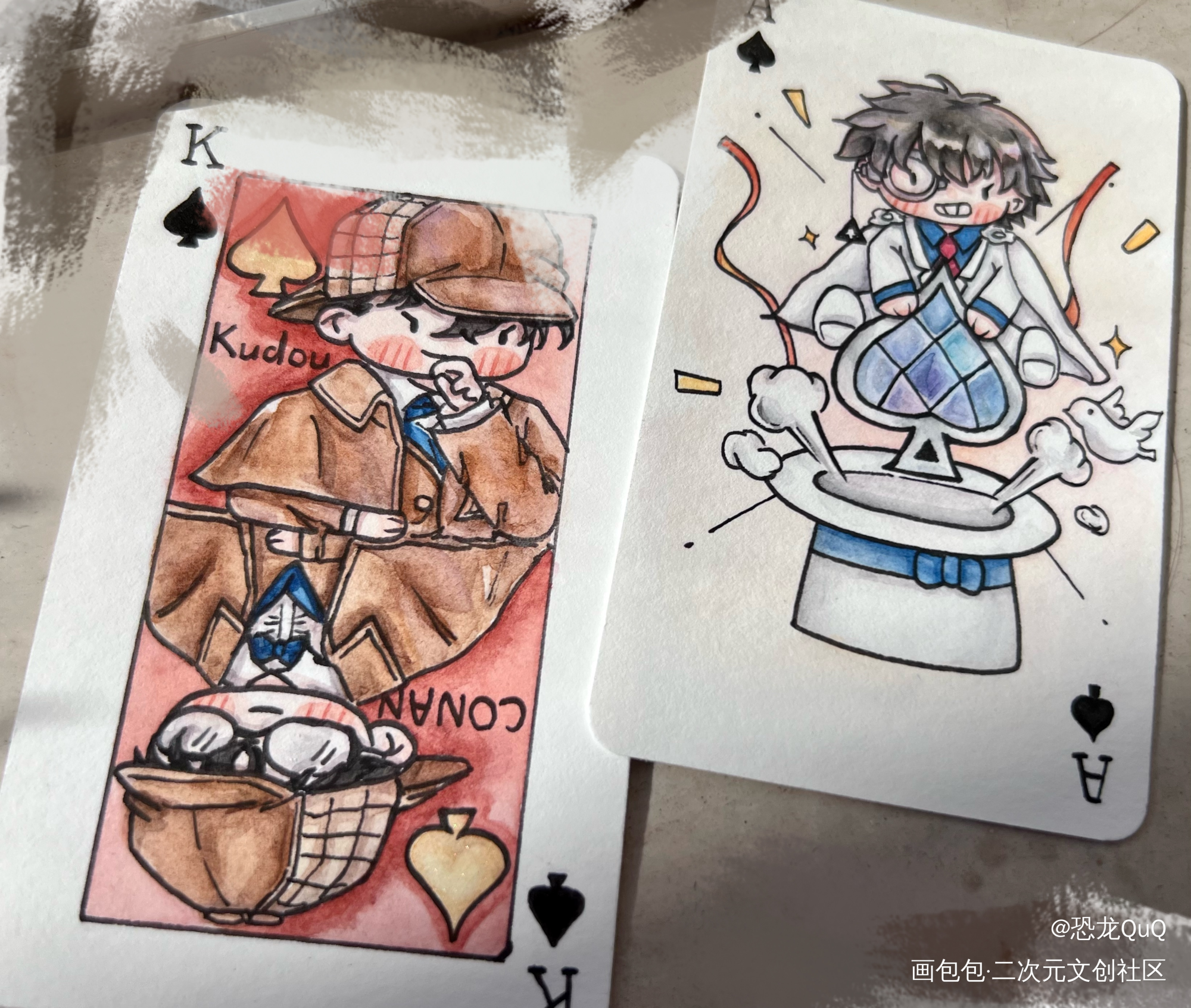 自制扑克 kid×柯南&新一_名侦探柯南工藤新一怪盗基德快新手绘水彩Q版绘画作品