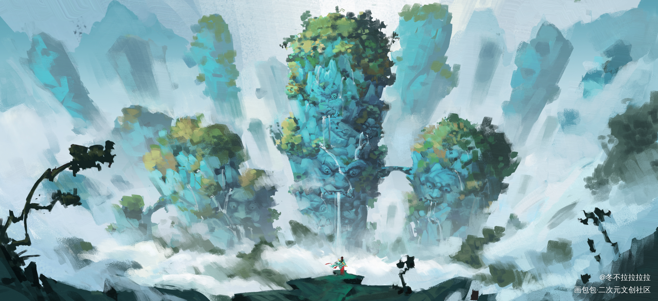 开明兽与昆仑墟_概念海报厚涂原画场景我要上首推插画原创绘画作品