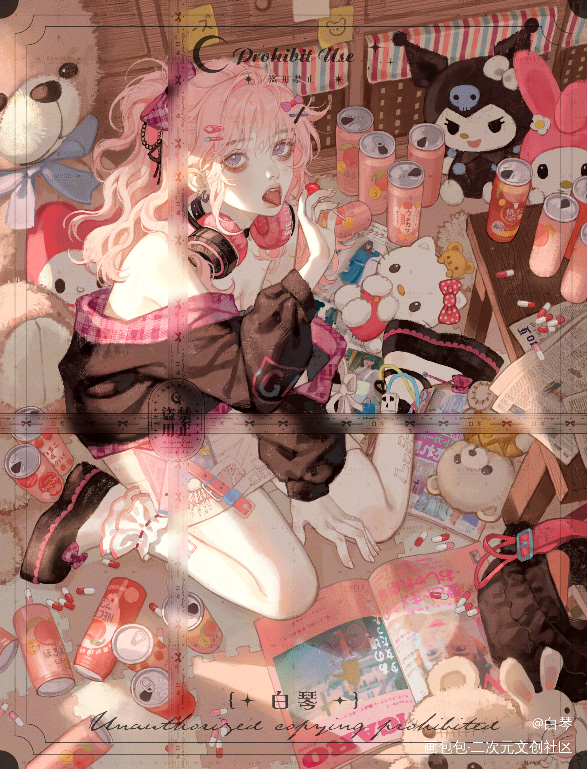 粉色甜妹_厚涂插图绘画绘画作品