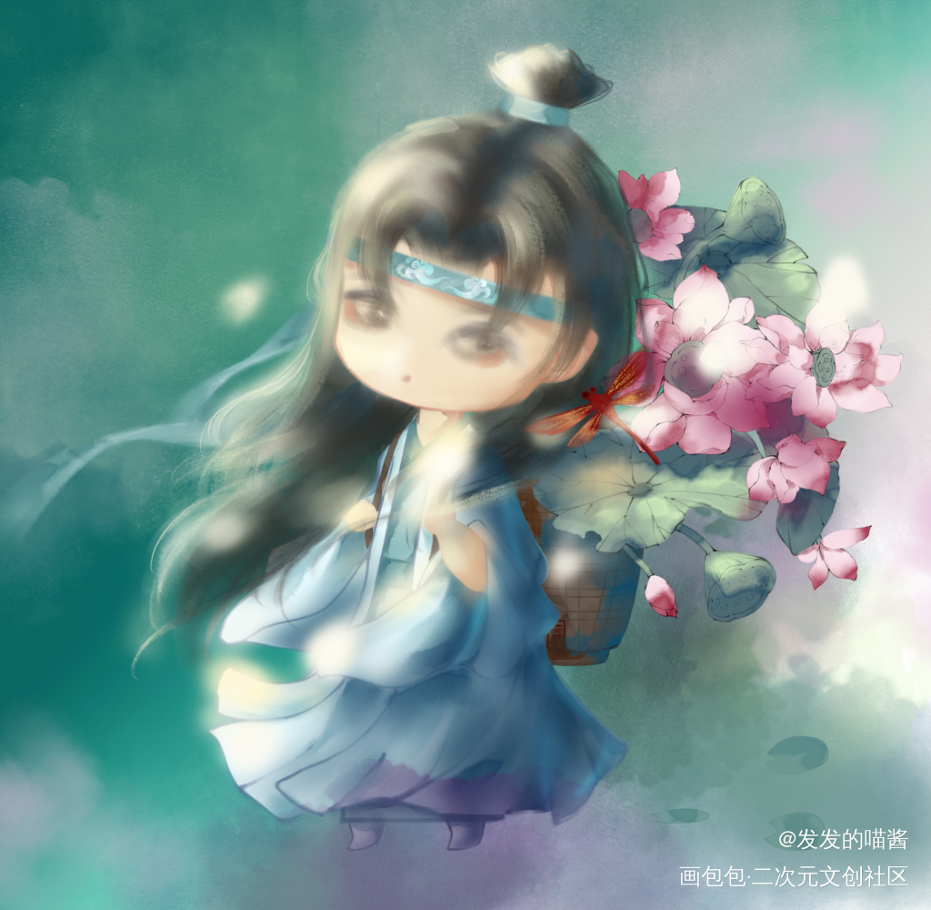汪叽采莲_魔道祖师蓝忘机水墨立绘古风Q版板绘插画约稿板写绘画绘画作品