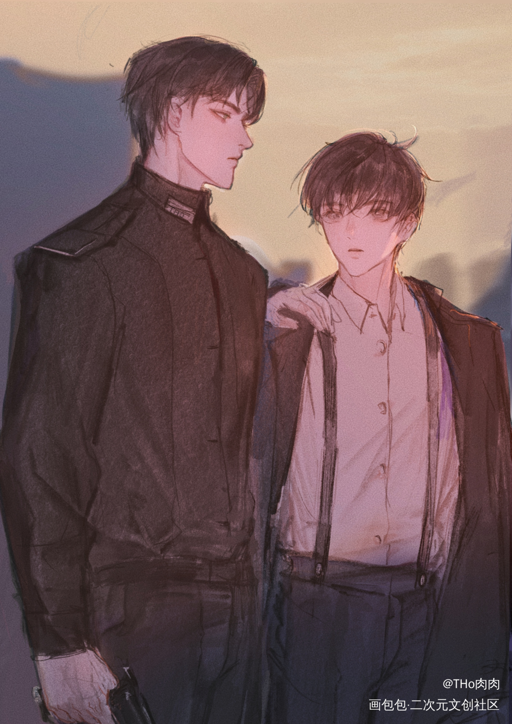 他怎么披着上校的大衣_小蘑菇绘画作品