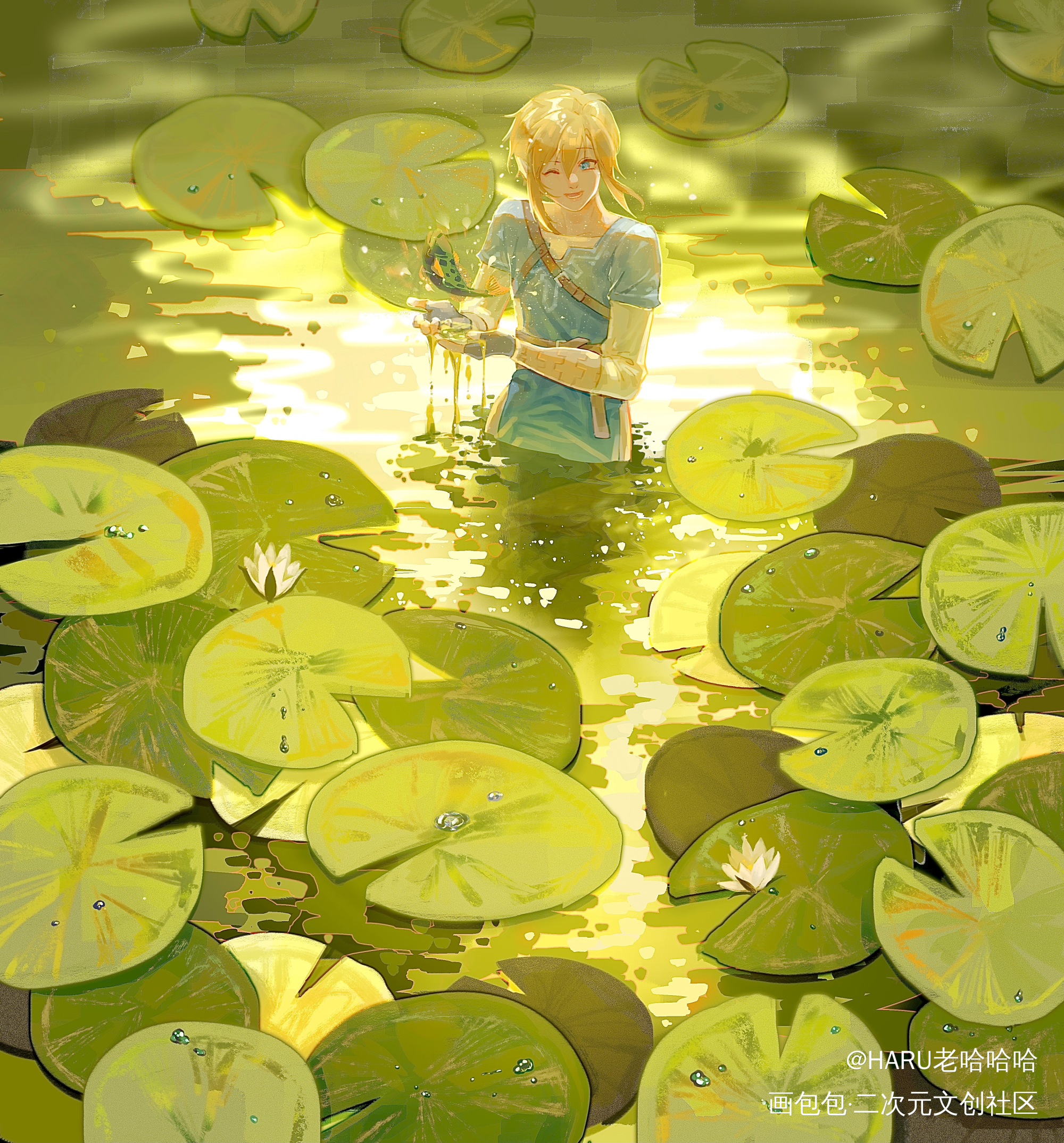 夏日_塞尔达传说林克日系我要上首推插画同人摸鱼板绘绘画作品