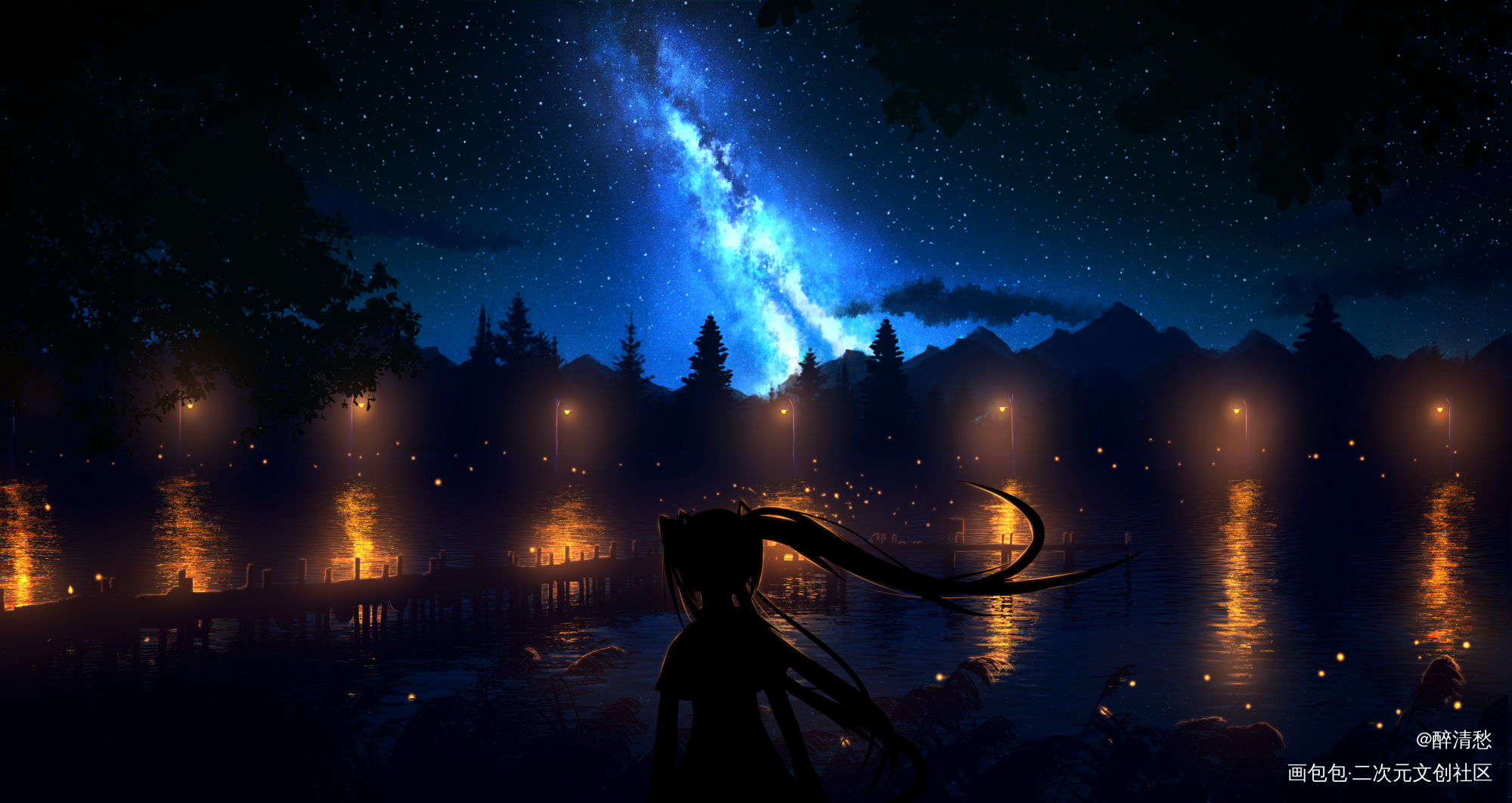 落九天_日系风景星空初音miku原创绘画作品