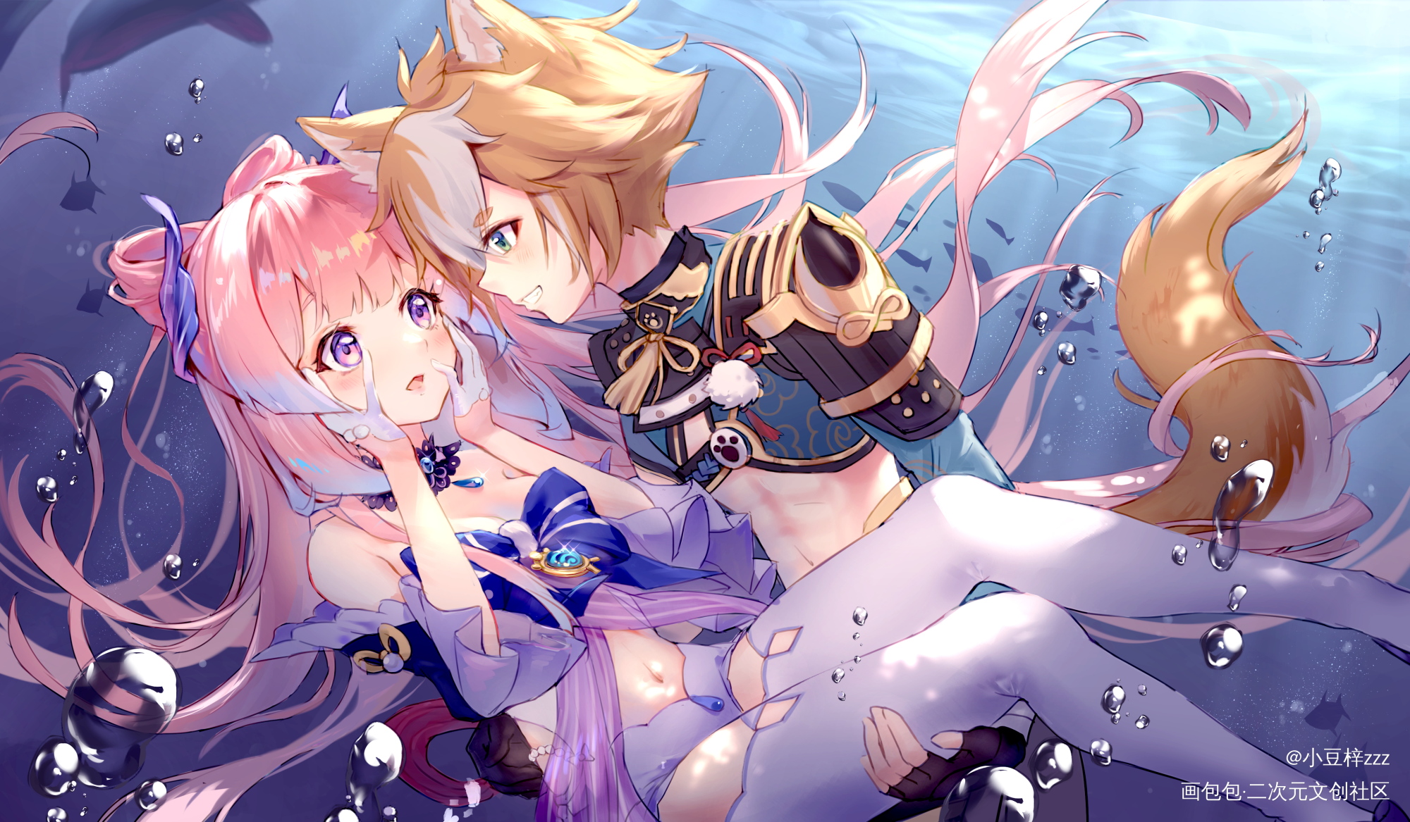 两只狗狗鱼_原神插画五郎珊瑚宫心海绘画作品