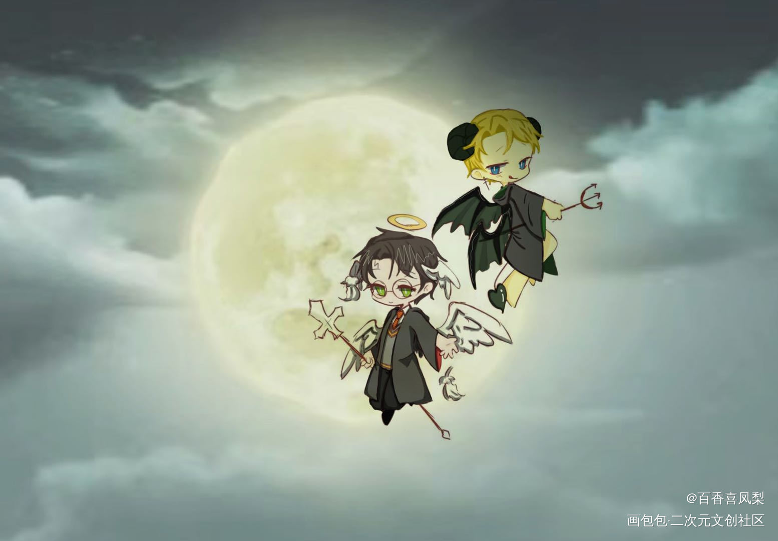 天使与恶魔_哈利波特德哈绘画作品