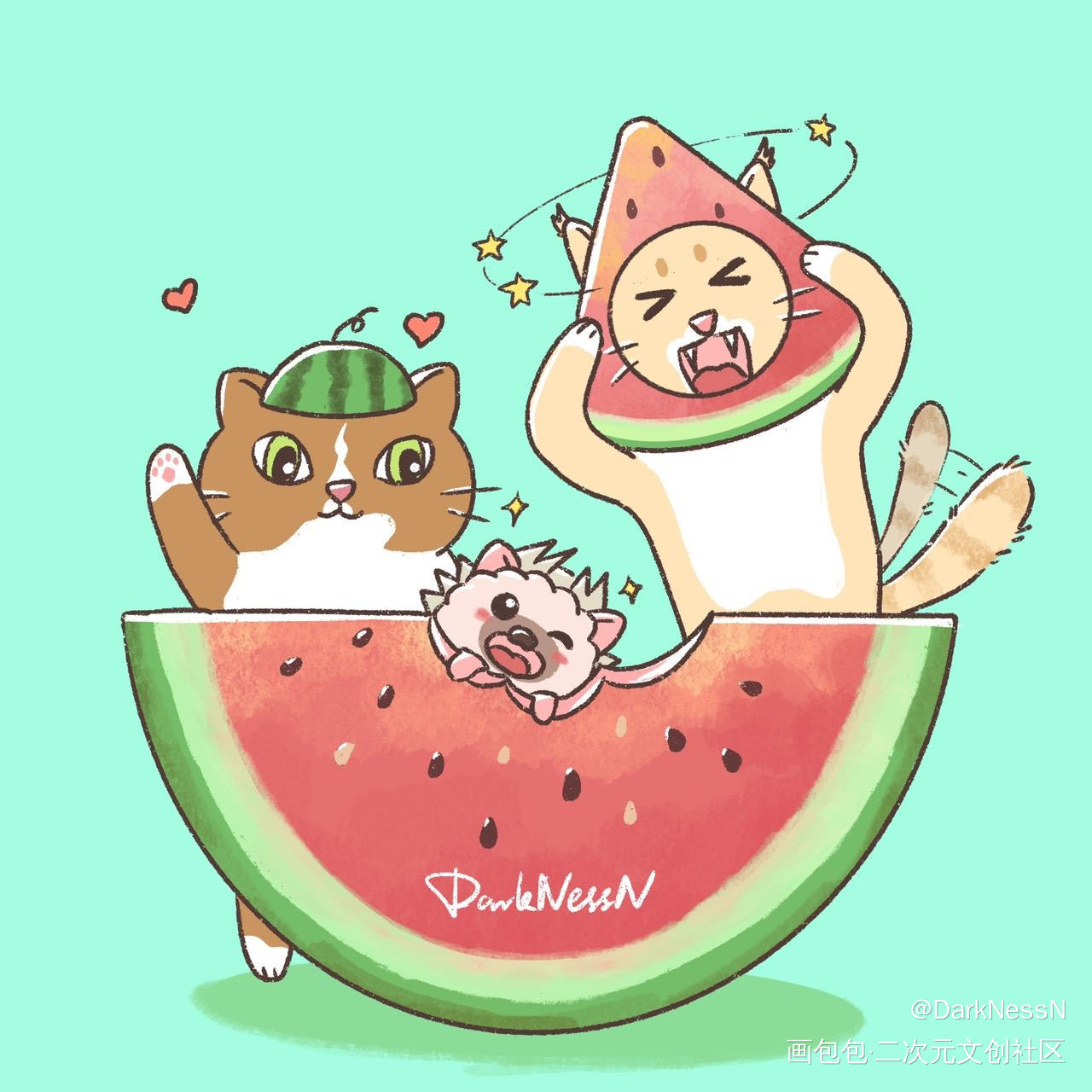 夏天啦！一起吃西瓜呀～_板绘涂Q版夏天我要上首推插画procreate猫绘画作品