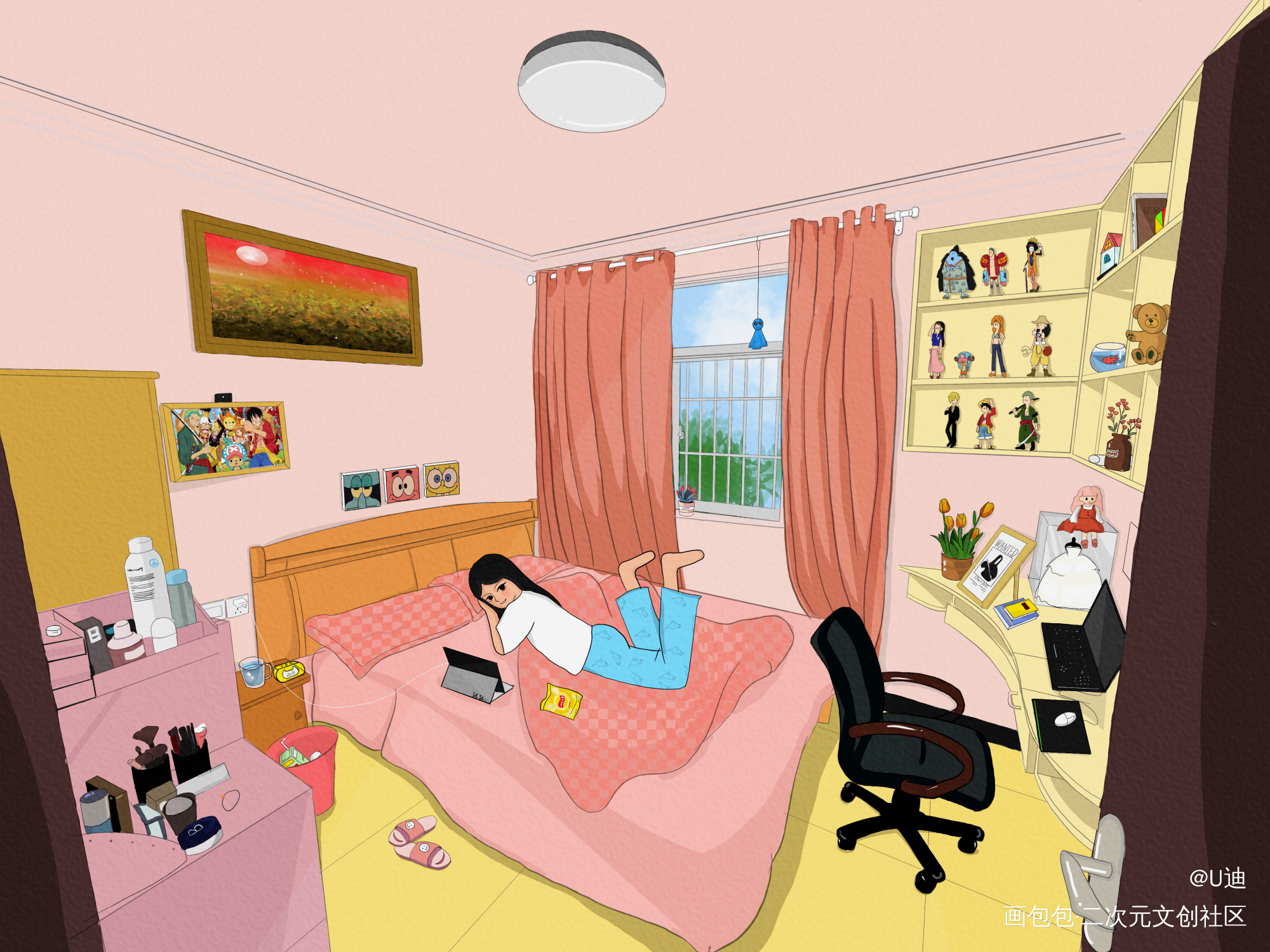 少女卧室插画（海迷卧室）_海贼王手绘插画少女插画插画练习原创插画绘画作品
