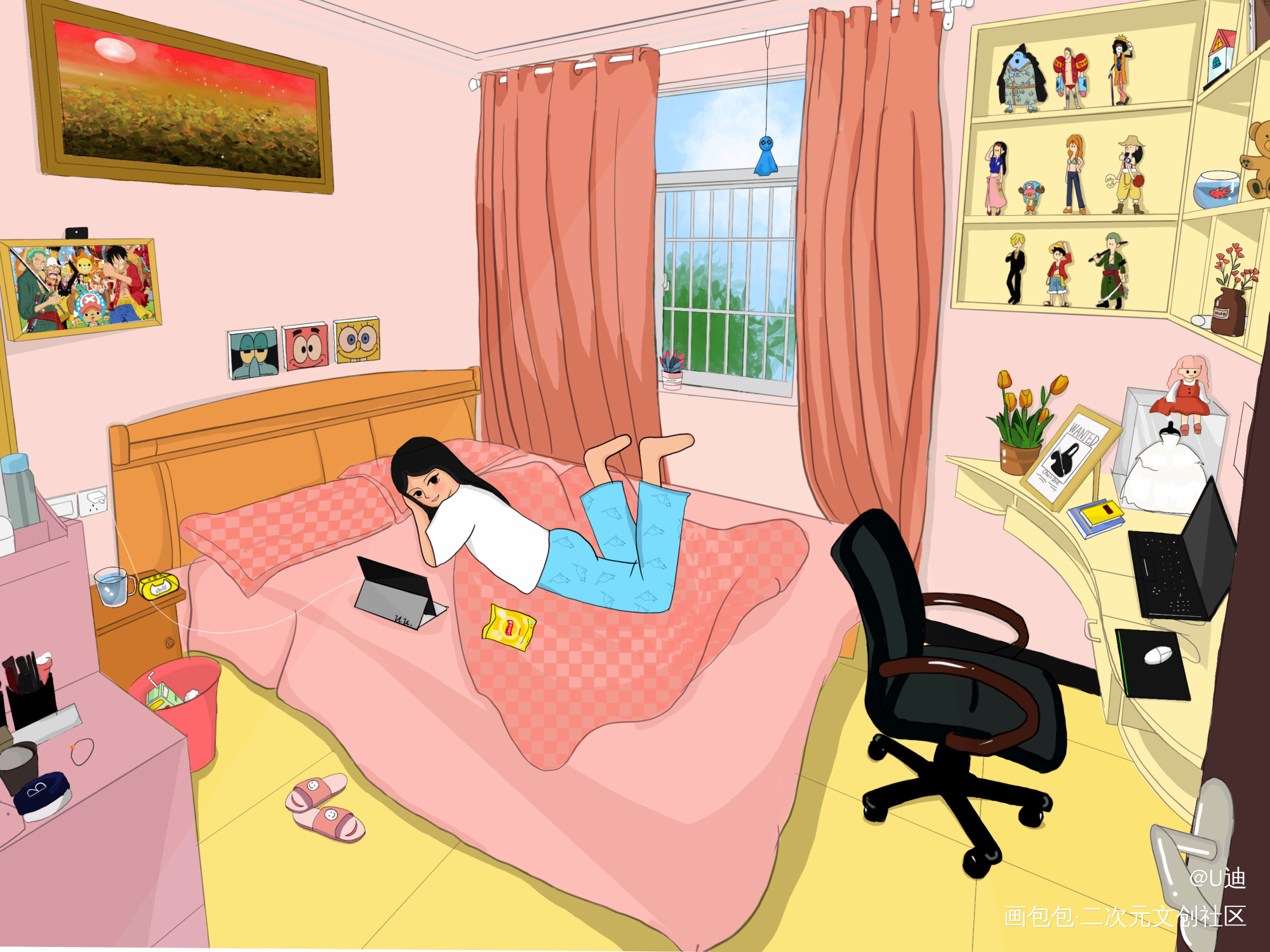 少女卧室插画（海迷卧室）_海贼王手绘插画少女插画插画练习原创插画绘画作品