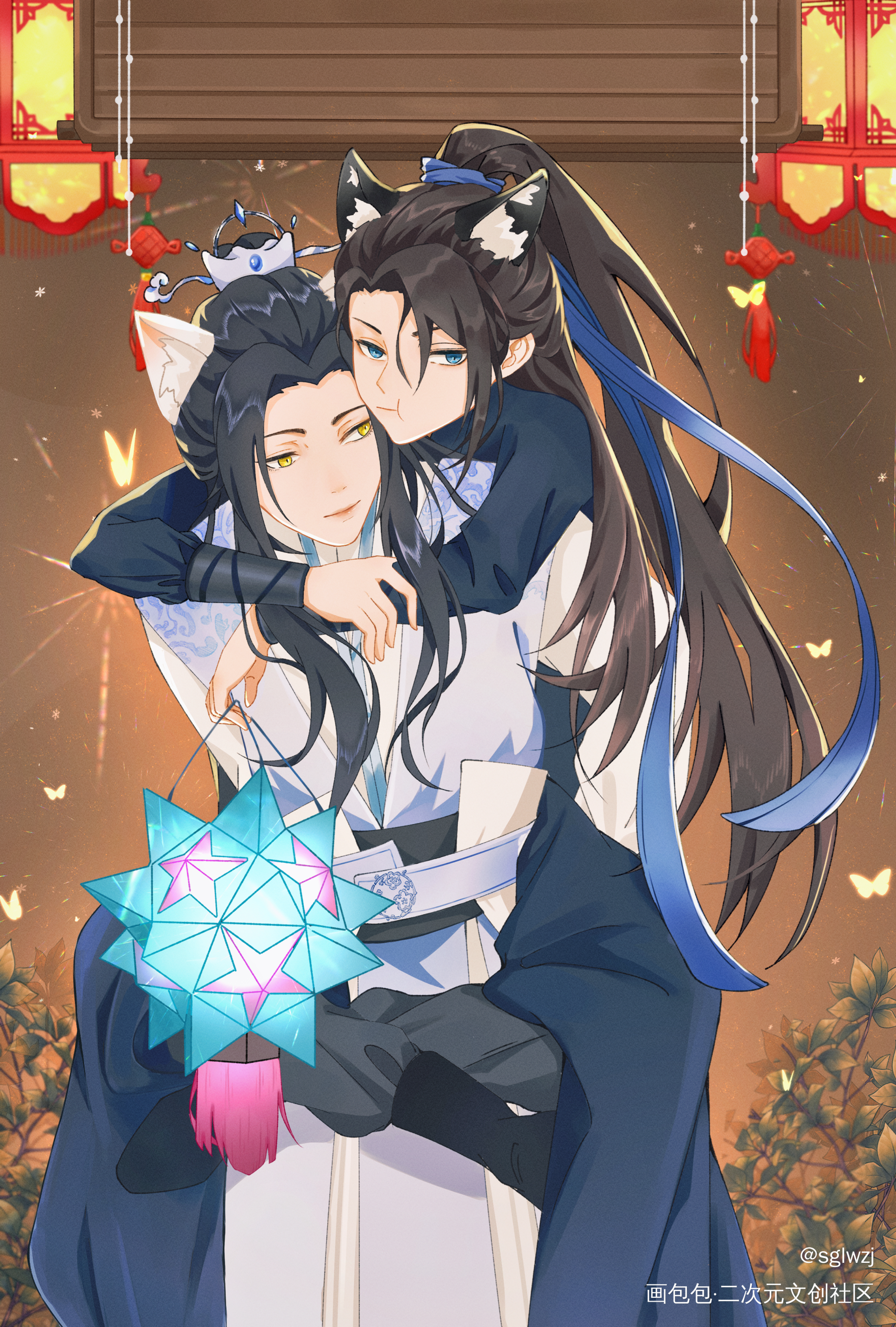 荔枝灯_二哈和他的白猫师尊摸鱼页绘画作品