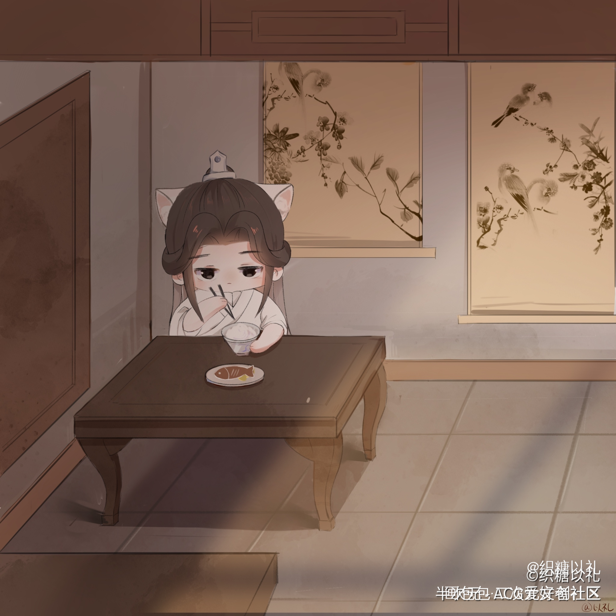 一个人坐角落里吃饭的晚宁猫_二哈和他的白猫师尊楚晚宁Q版绘画作品