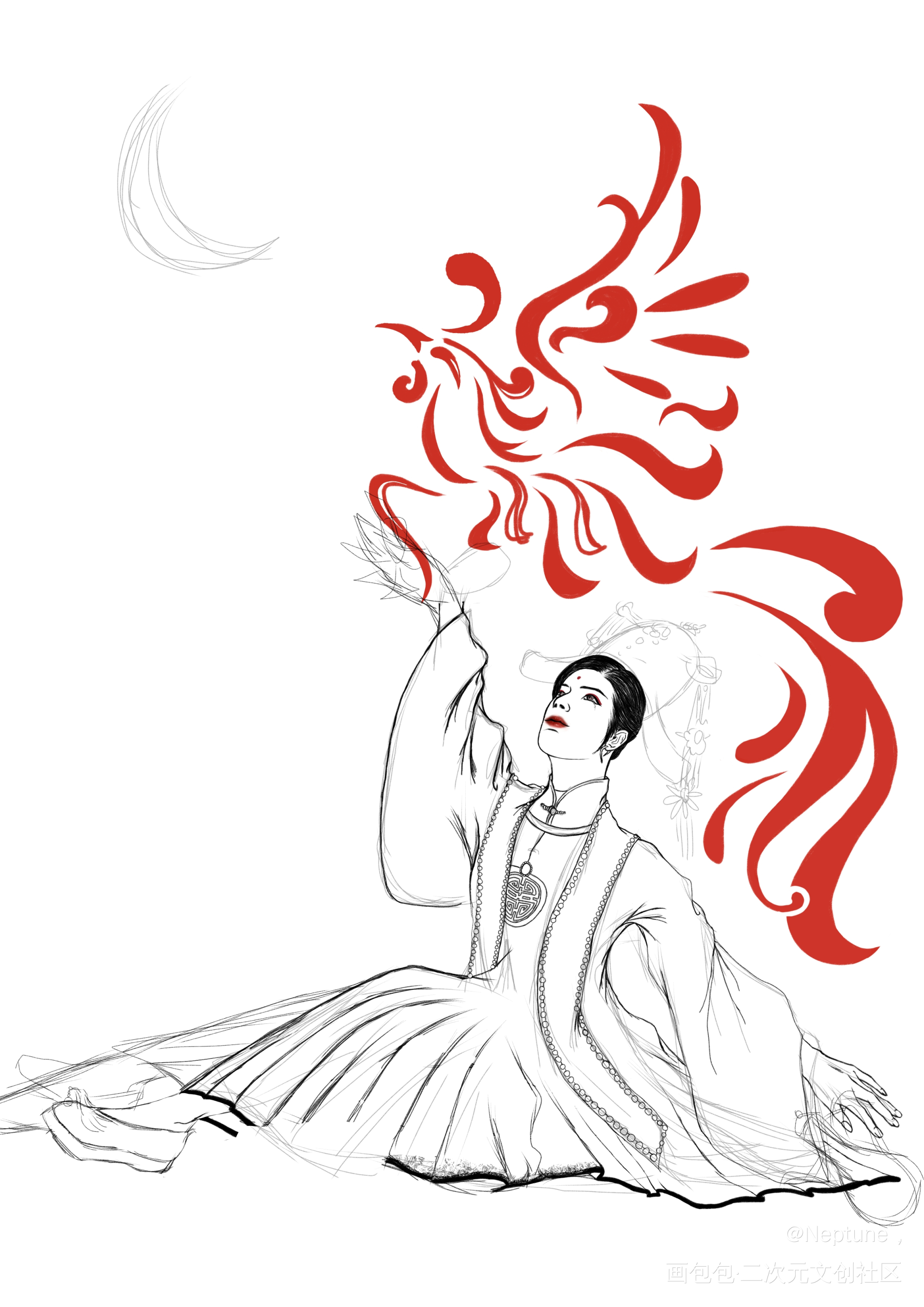 _黑白简笔摸鱼页立绘古装指绘oc绘画作品
