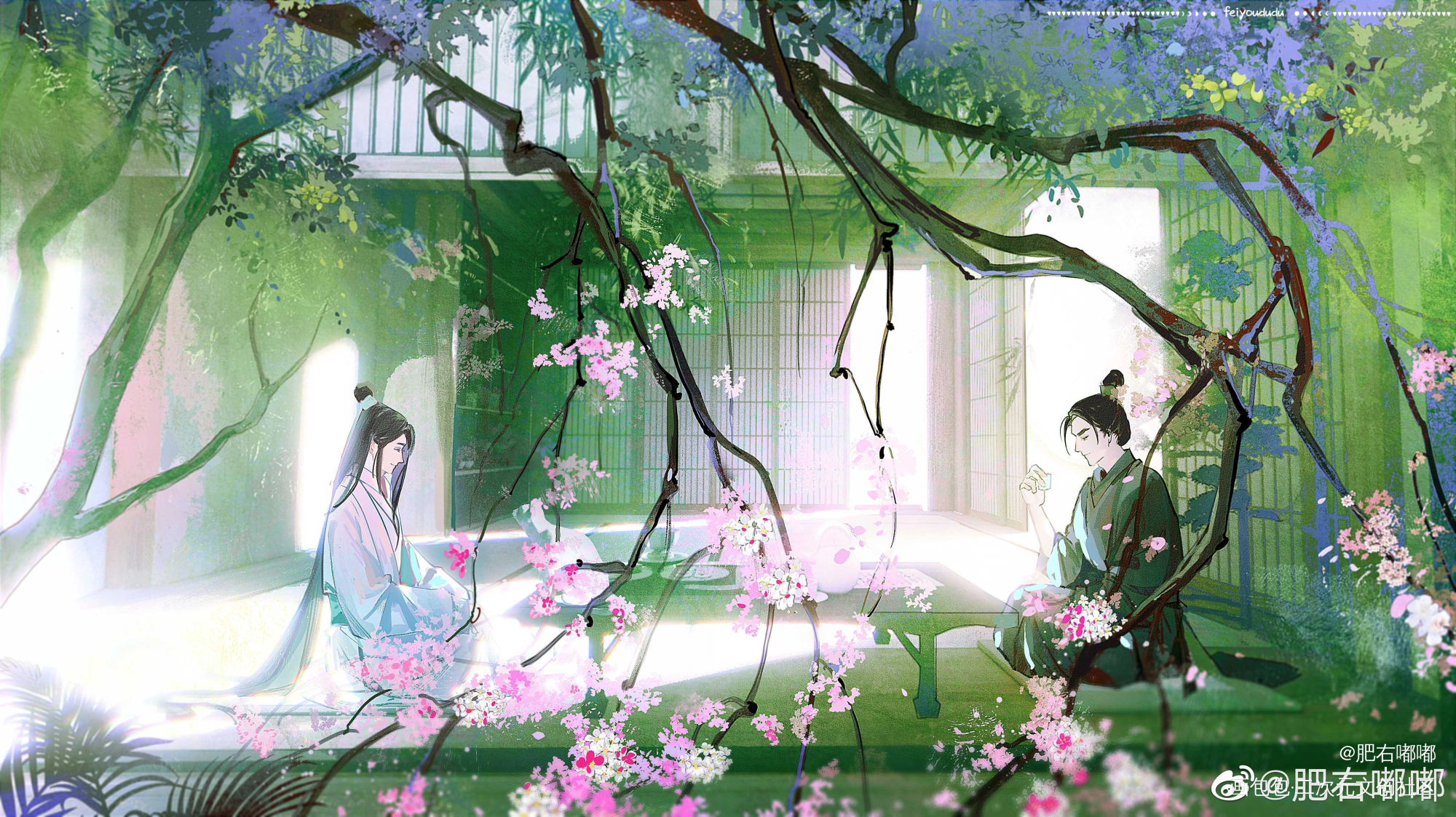 檐下窗棂斜映枝桠，与你_将进酒松玉水墨水彩场景画画唐酒卿绘画绘画作品