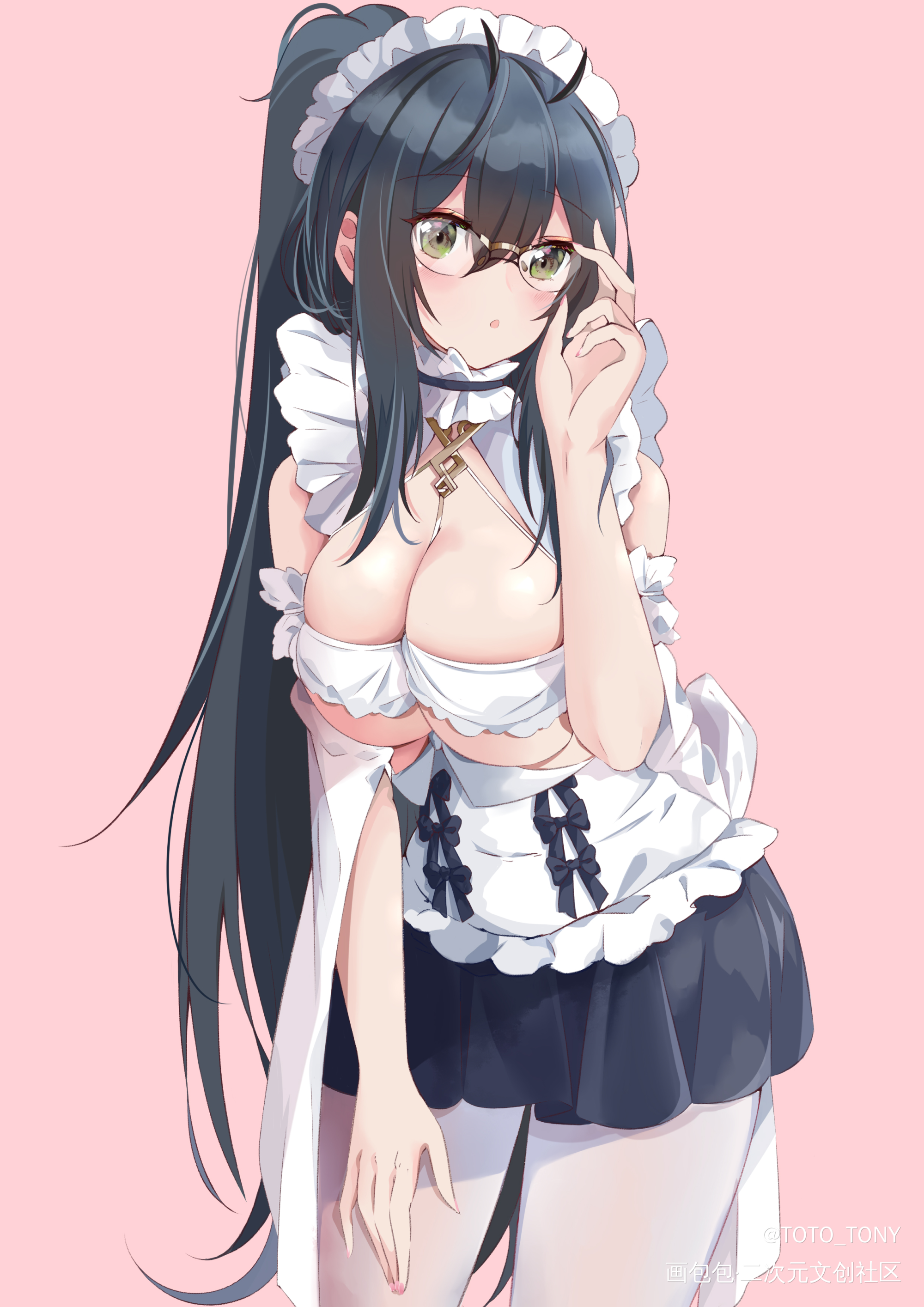 不挠_碧蓝航线厚涂日系女仆眼镜单马尾同人约稿板绘绘画作品