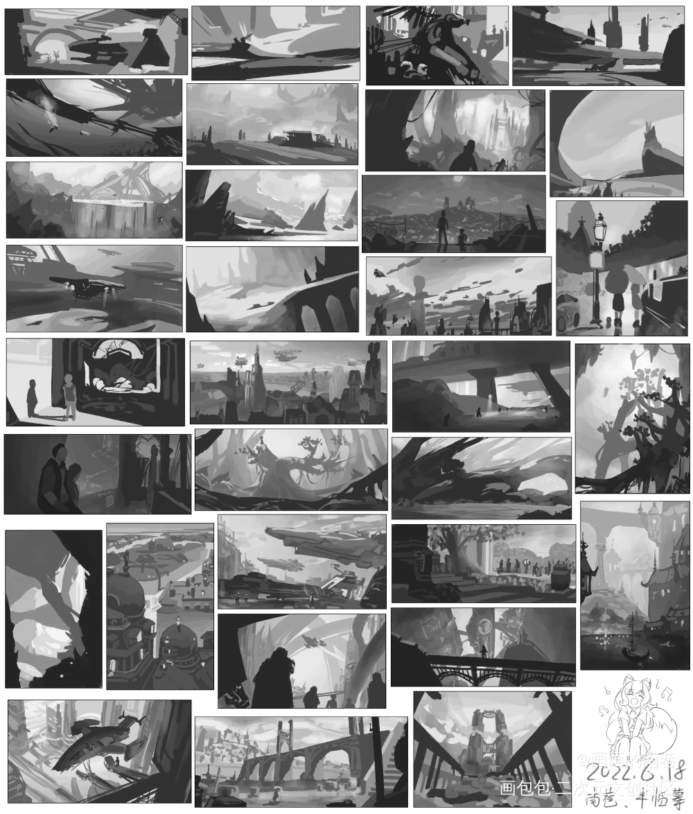 黑白构图场景_黑白场景板绘临摹绘画作品