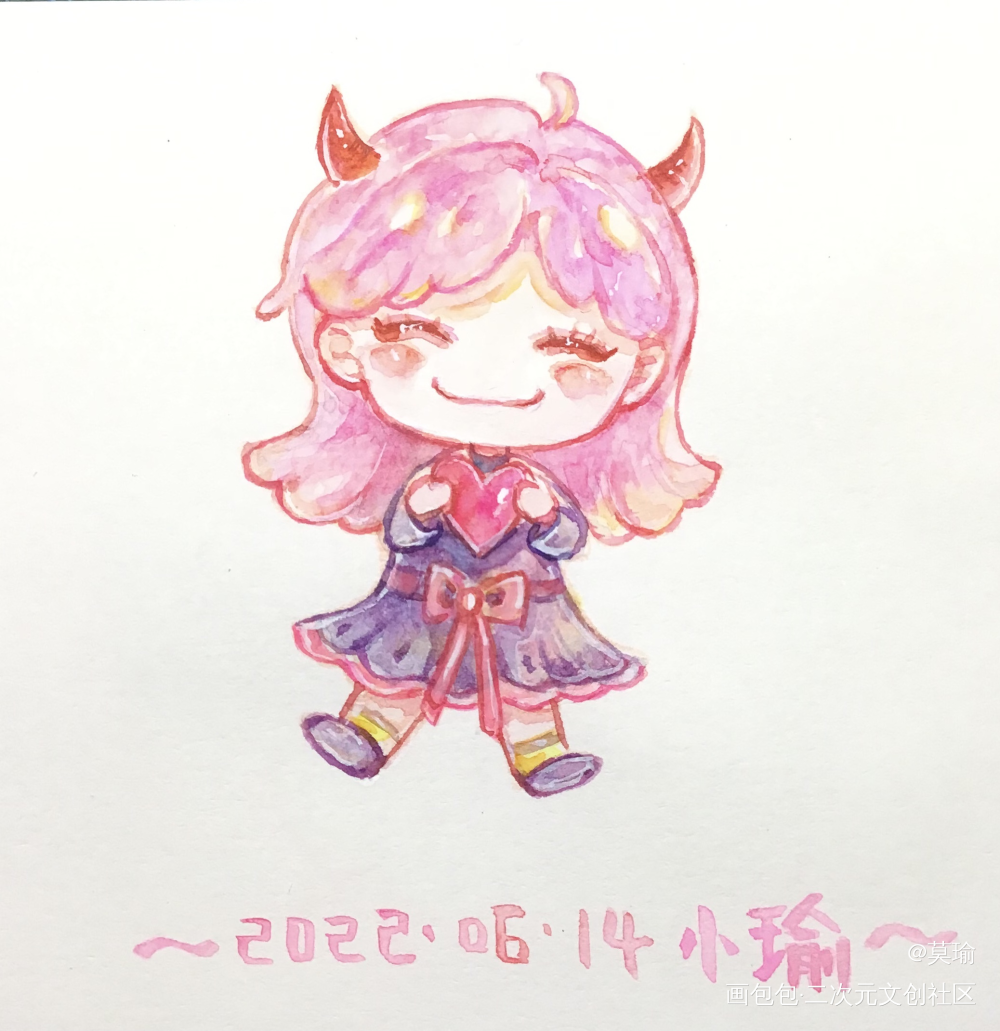 偷心小粉怪_Q版人物手绘水彩手绘水彩Q版Q版头像头像绘画原创oc绘画作品