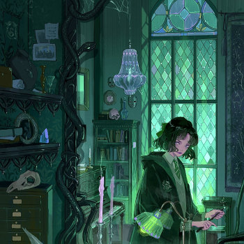蛇院女孩_哈利波特板绘涂插画斯莱特林绘画作品