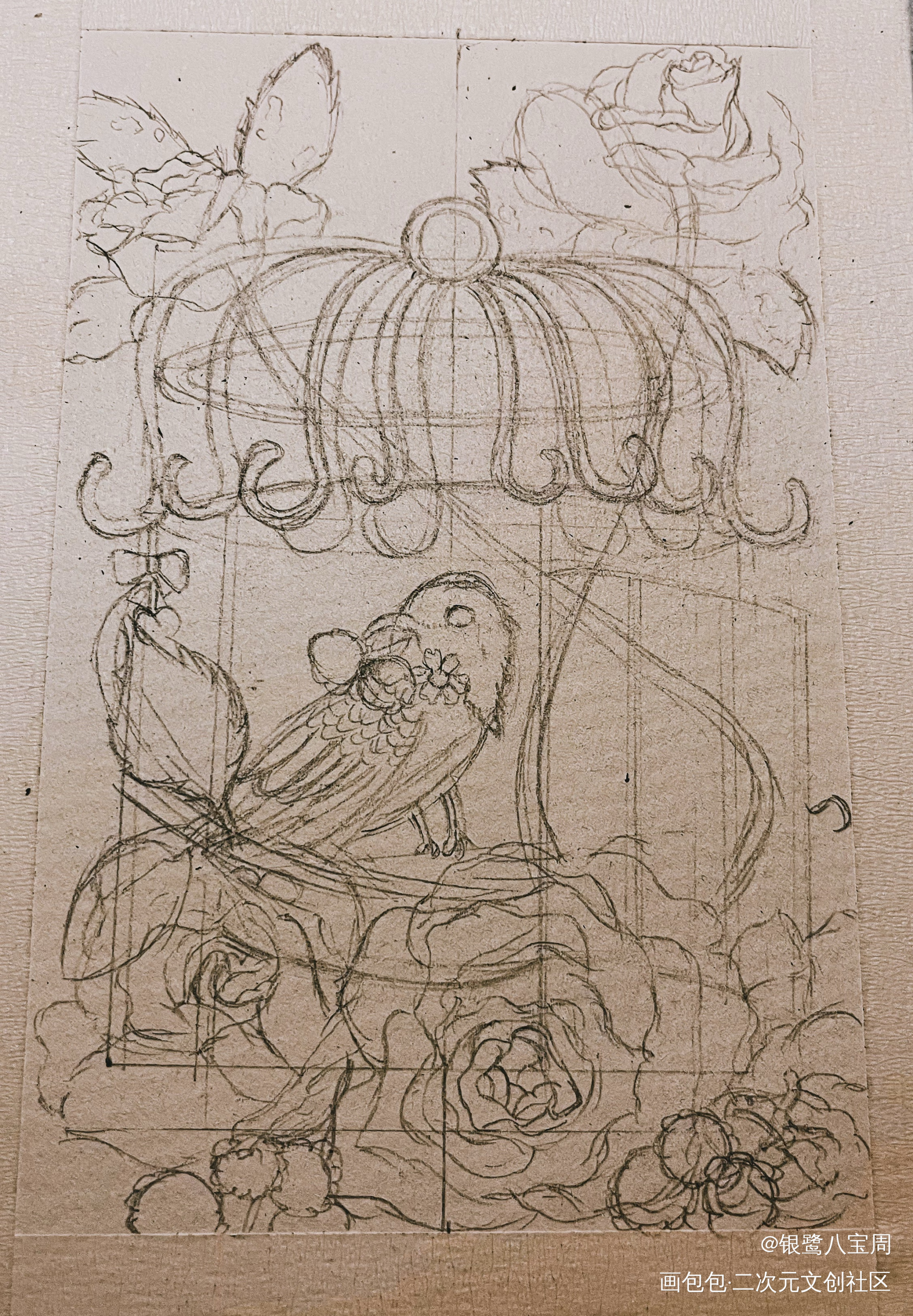 水彩线稿｜笼中飞鸟❤️_铅笔线稿水彩绘画作品