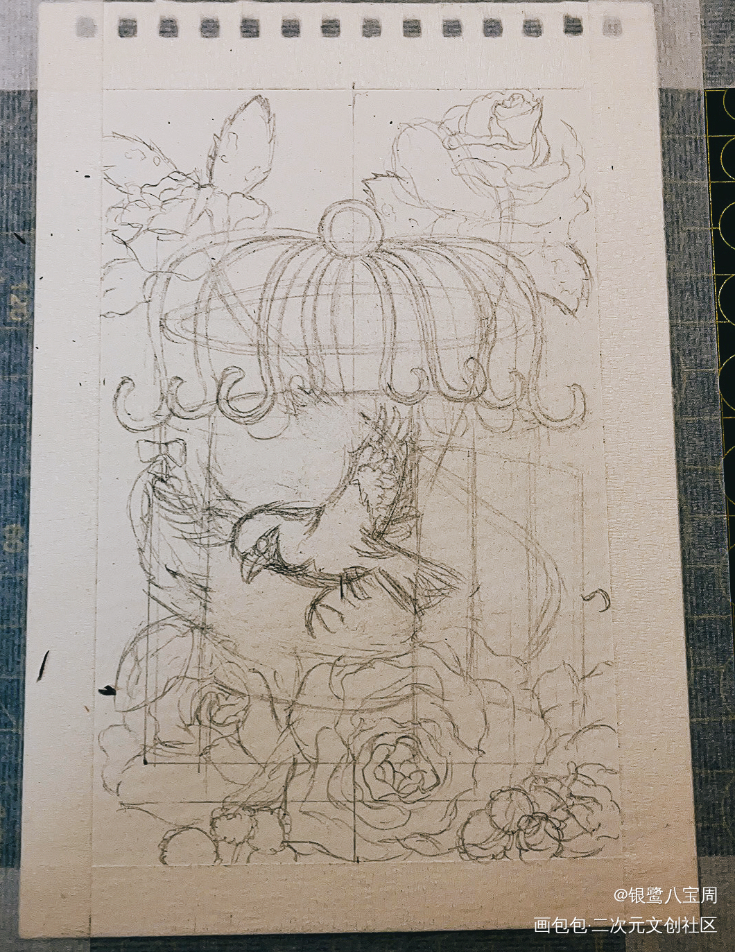 水彩线稿｜笼中飞鸟❤️_铅笔线稿水彩绘画作品