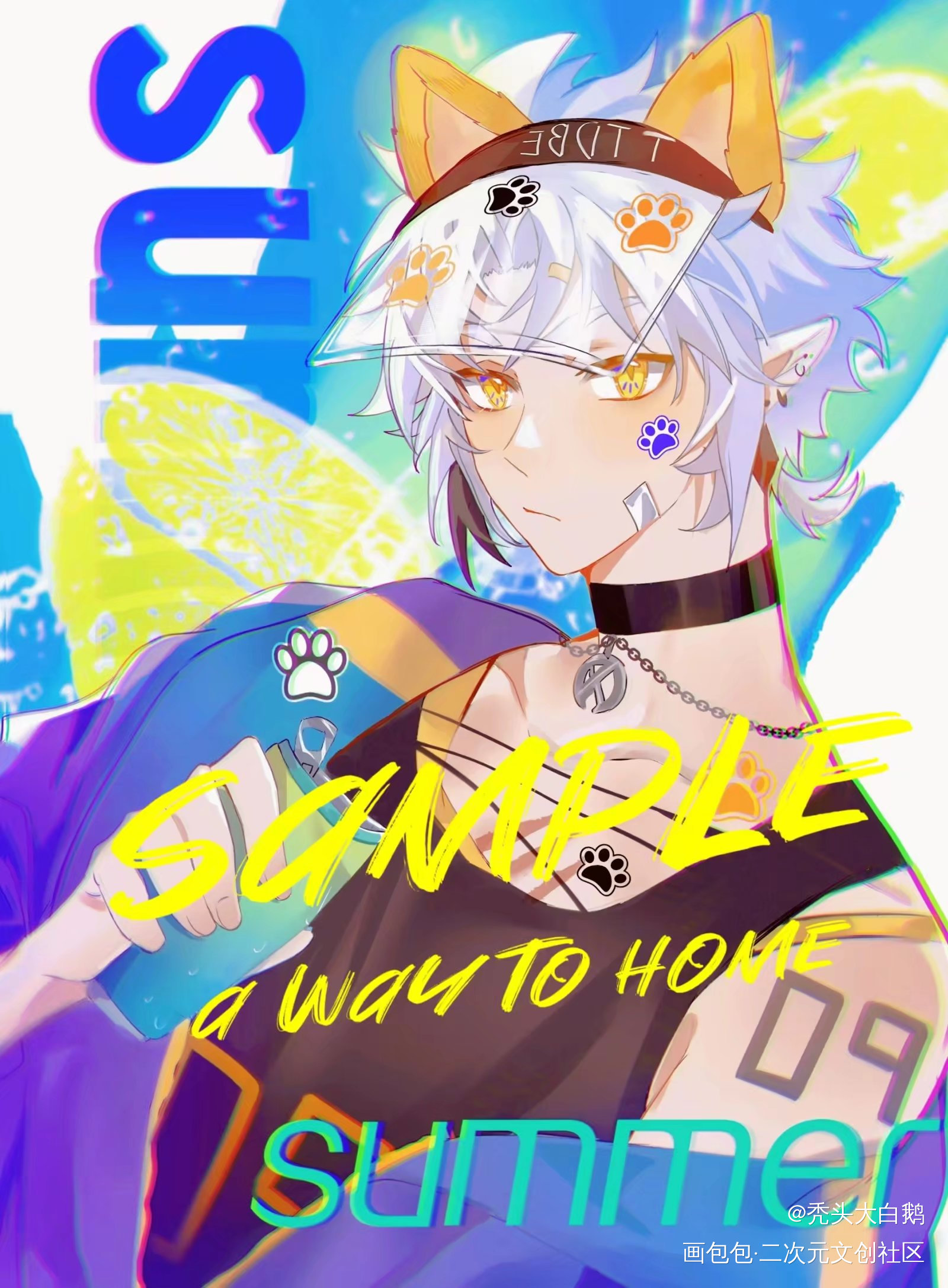 自设 夏日_平涂日系插画摸鱼自设oc绘画作品