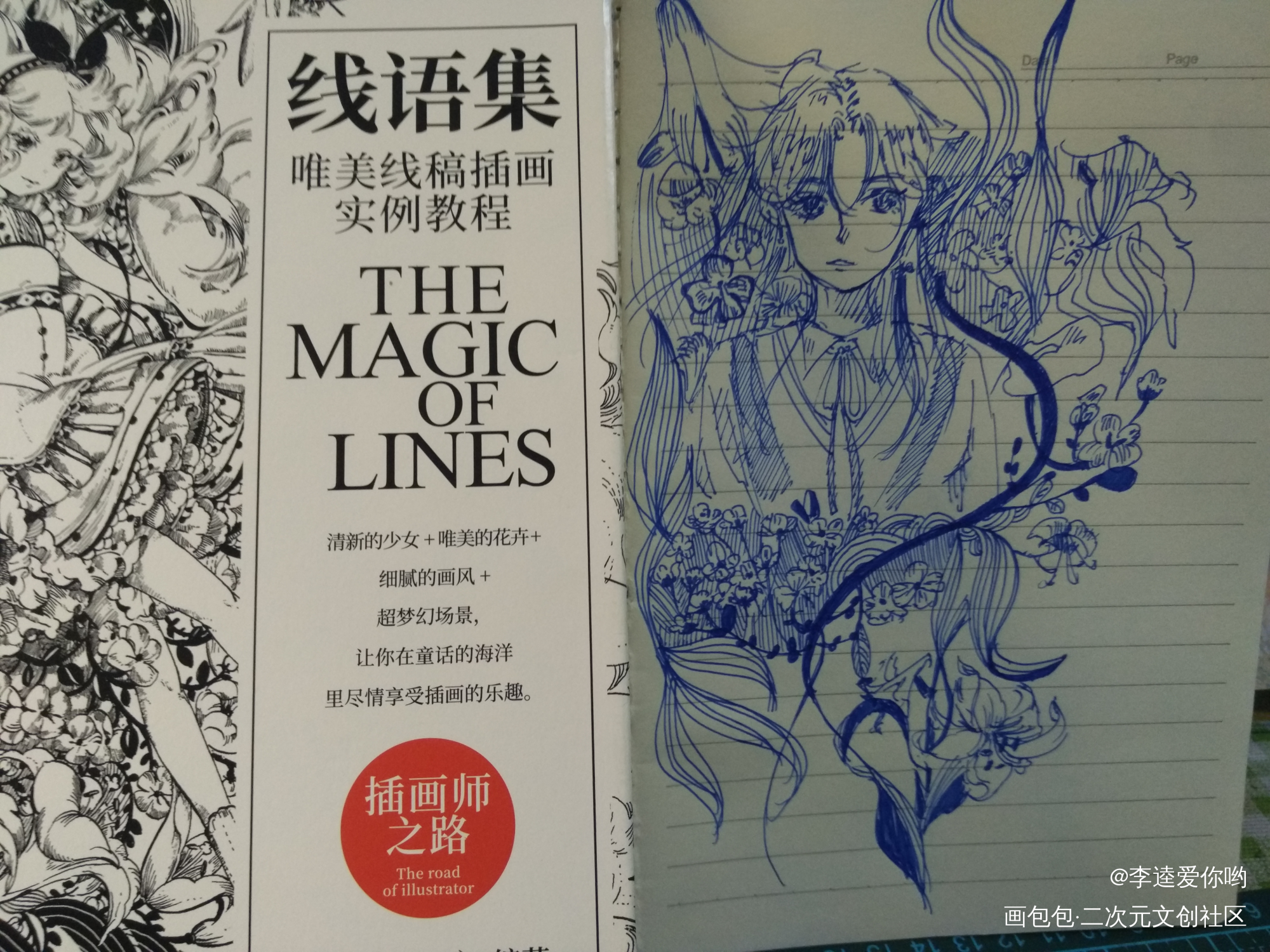 花与少年_圆珠笔草图手绘摸鱼绘画作品