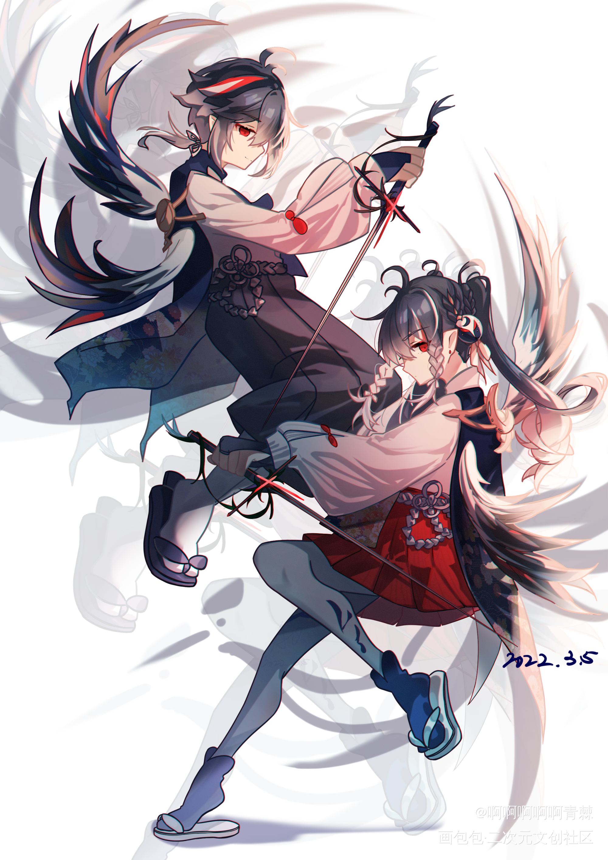 oc双生系列（一）双生鹤_个人设计插画创意原创角色插画二次元板绘绘画作品