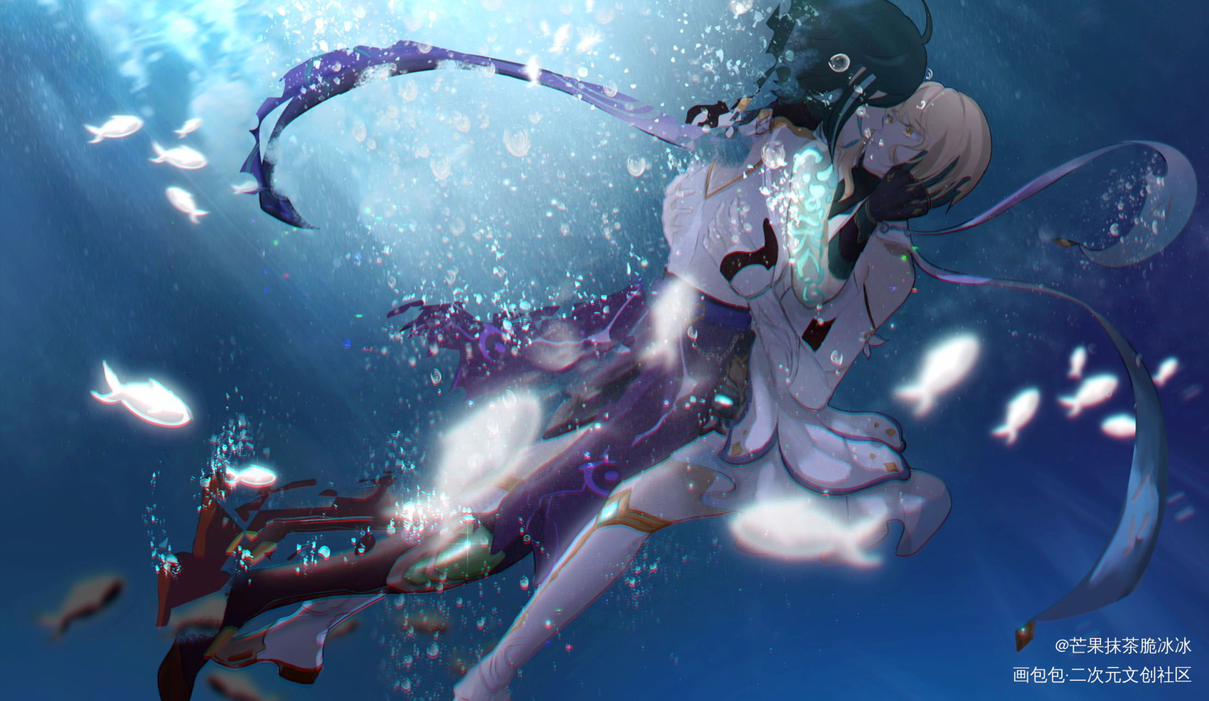 【坠入汪洋】_原神魈荧魈板绘涂伪厚涂日系插画摸鱼二次元板绘绘画作品
