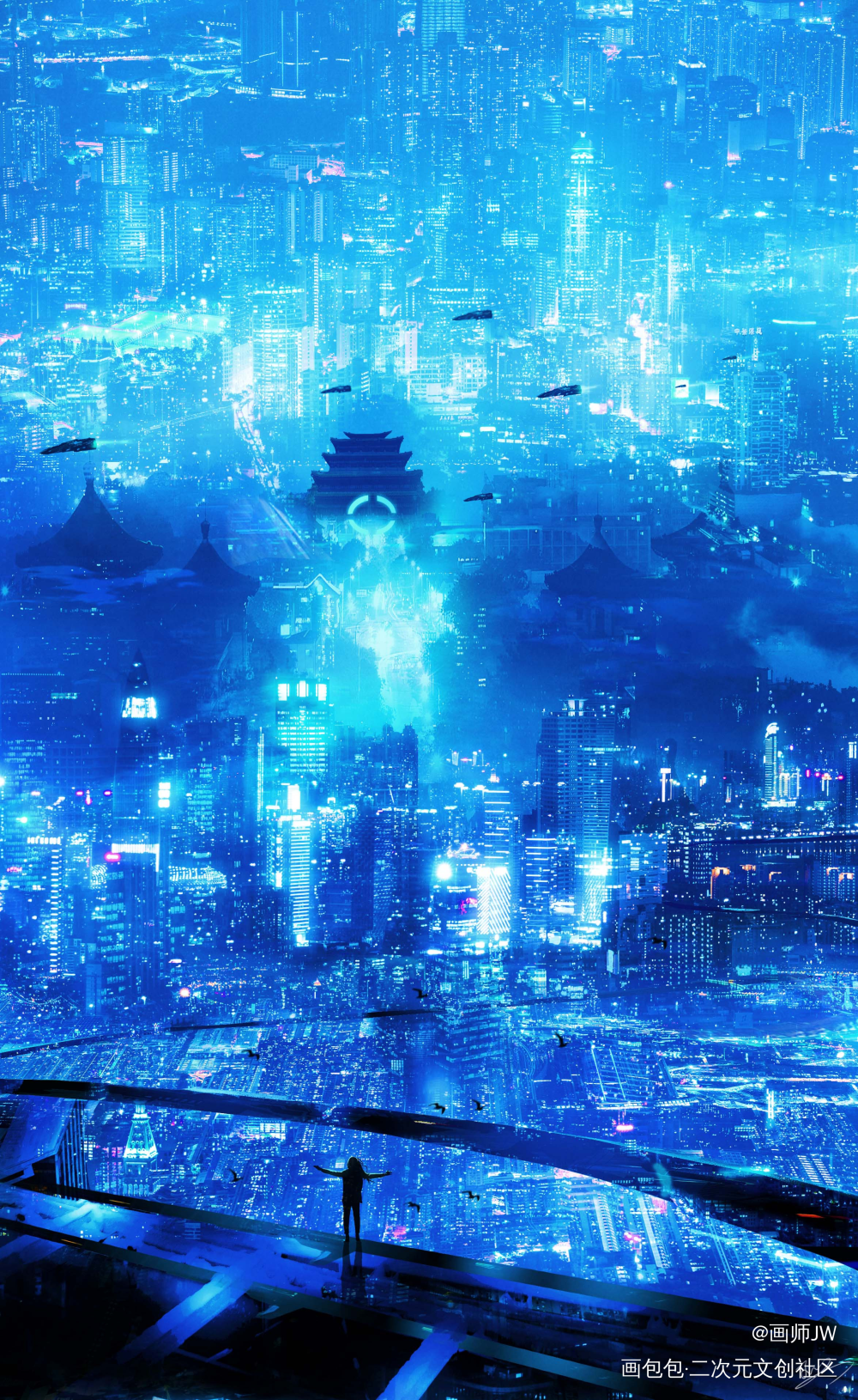 浪漫至上_科幻手绘厚涂赛博朋克插画风景板绘插画壁纸绘画原创绘画作品