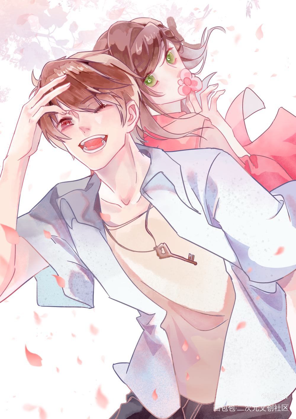 与小夏在樱花树下贴贴_未定事件簿夏彦板绘涂同人绘画作品