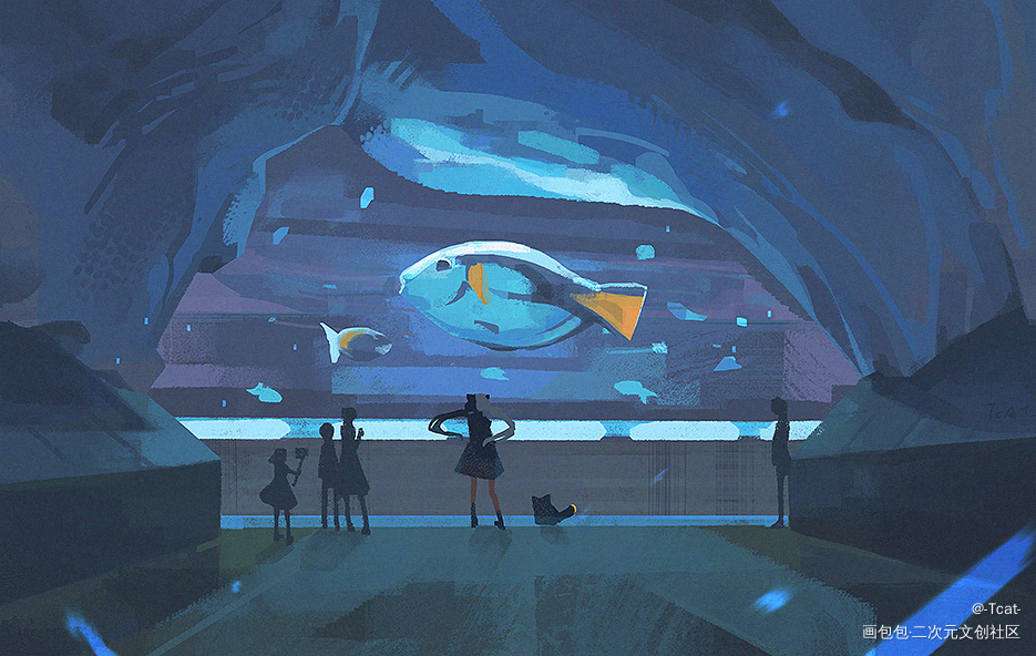 水族馆_厚涂日系Q版场景插画绘画练习壁纸绘画原创oc绘画作品