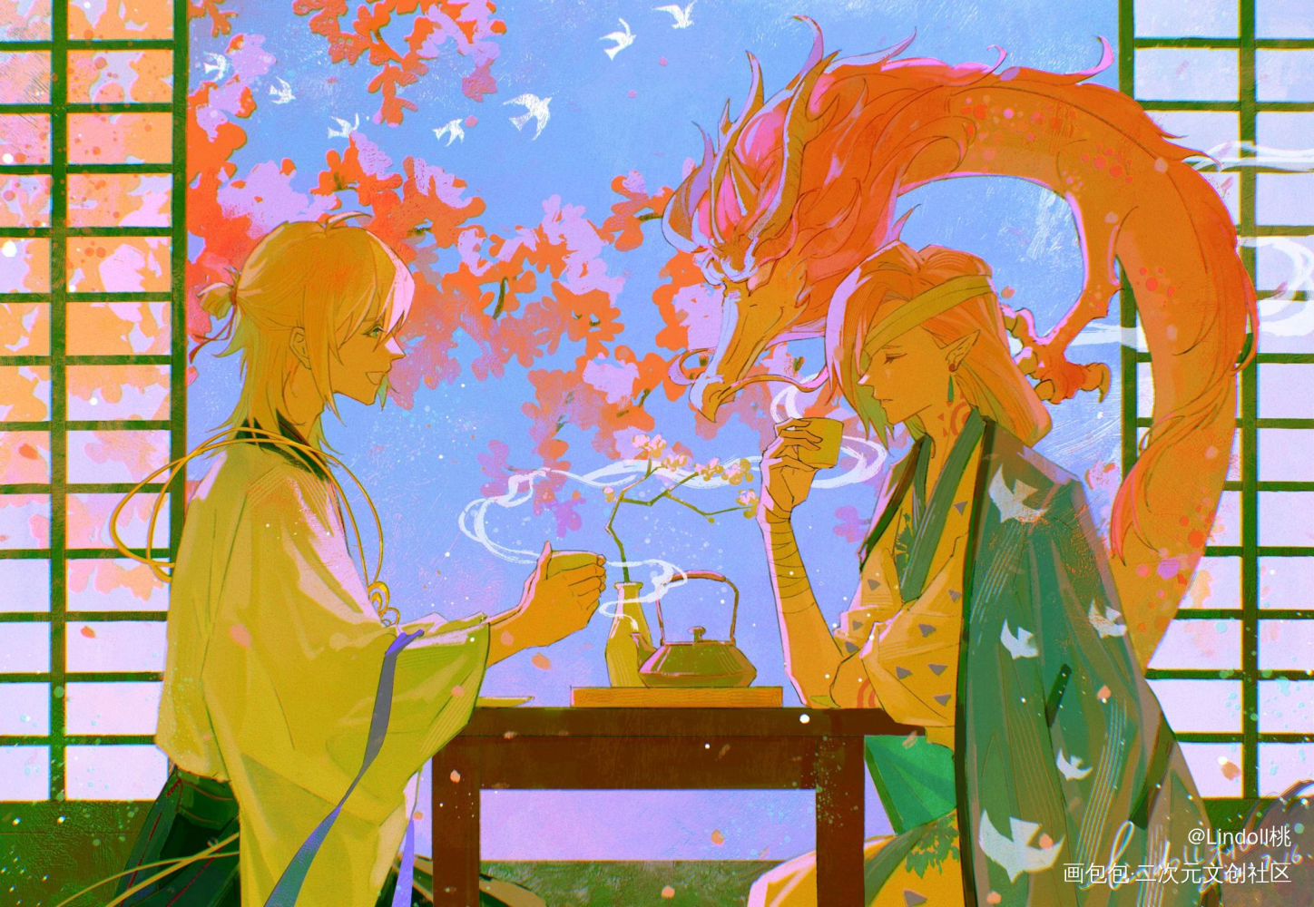 老婆们同框一下_时空中的绘旅人阴阳师路辰一目连日系插画绘画作品
