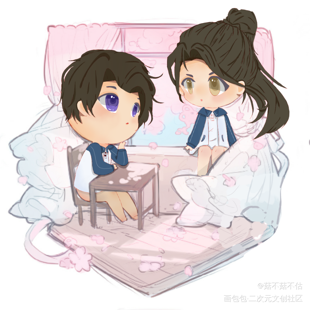 校园燃晚_二哈和他的白猫师尊燃晚平涂Q版绘画作品