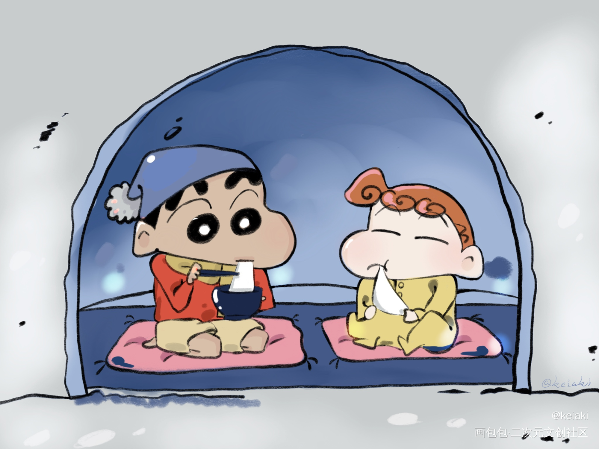 在雪洞里吃年糕_蜡笔小新绘画绘画作品