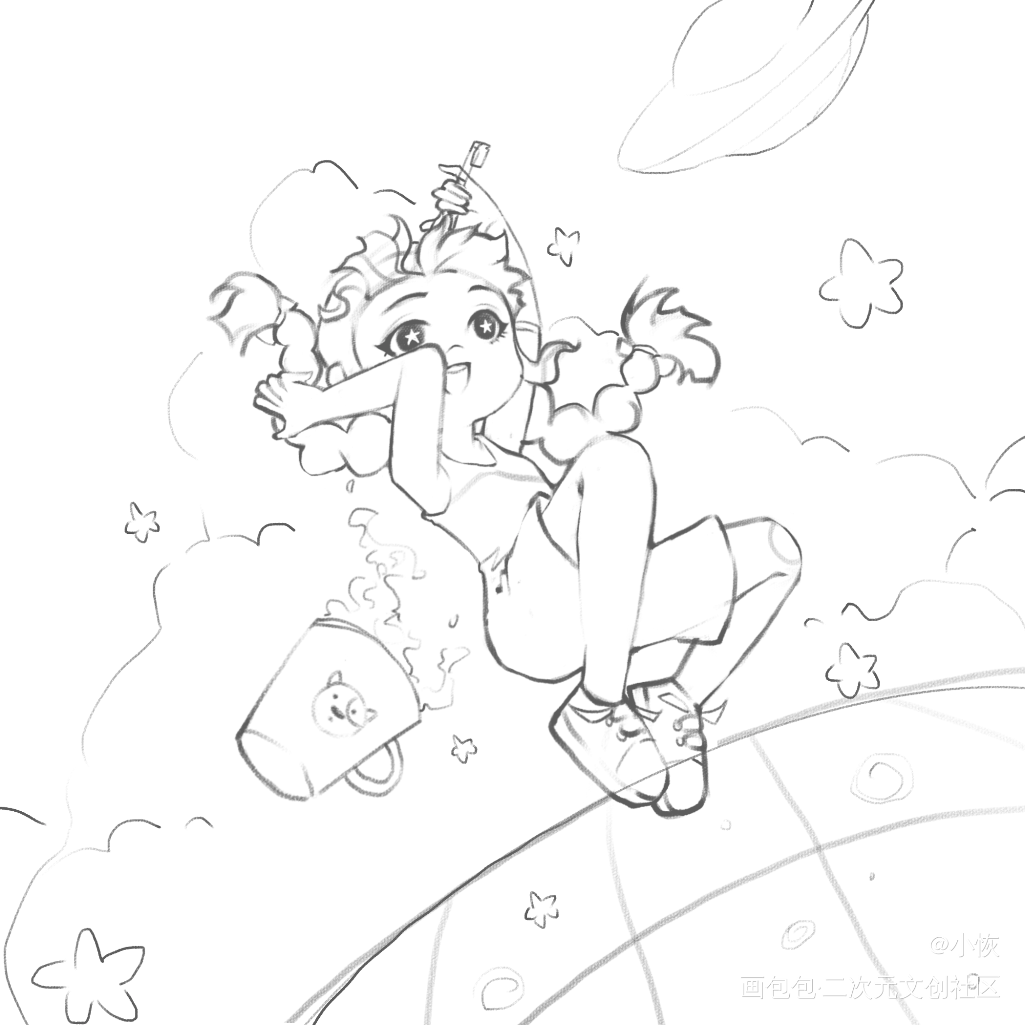 《我的神奇小蓝牛》宇宙一日游_绘本插画板绘绘画作品