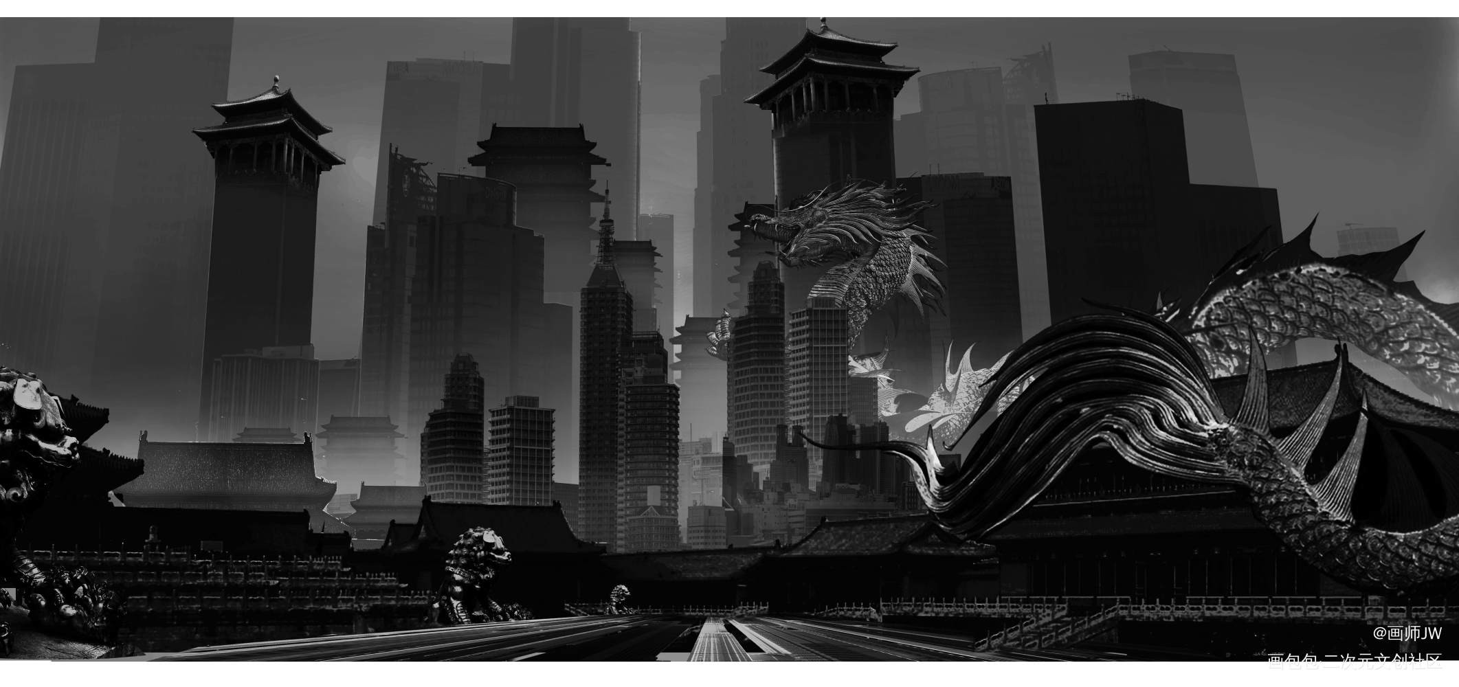 ←草图 and 成图→_手绘厚涂赛博朋克插画板绘插画壁纸绘画原创绘画作品