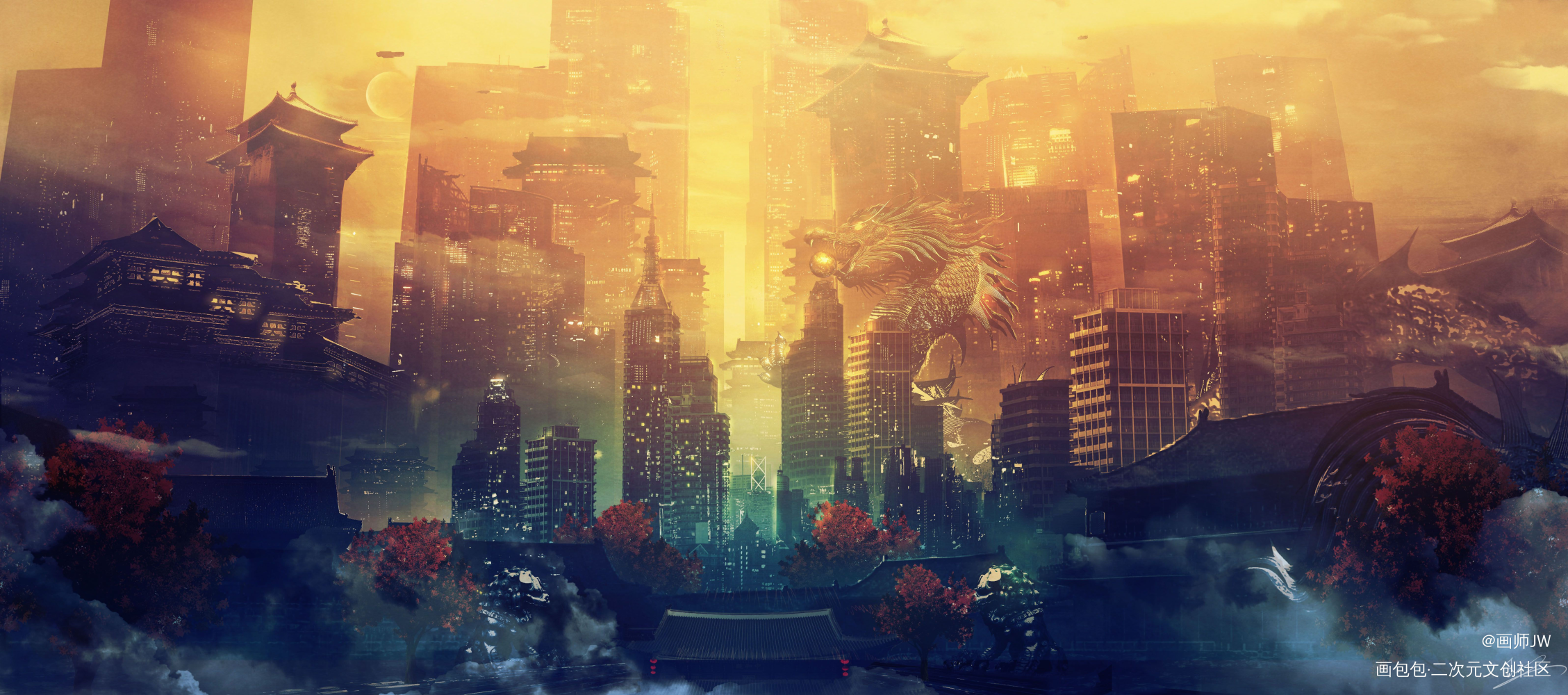 ←草图 and 成图→_手绘厚涂赛博朋克插画板绘插画壁纸绘画原创绘画作品
