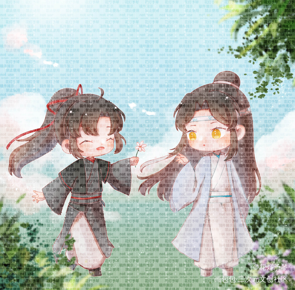 稿-送花_魔道祖师忘羡蓝忘机魏无羡Q版绘画作品