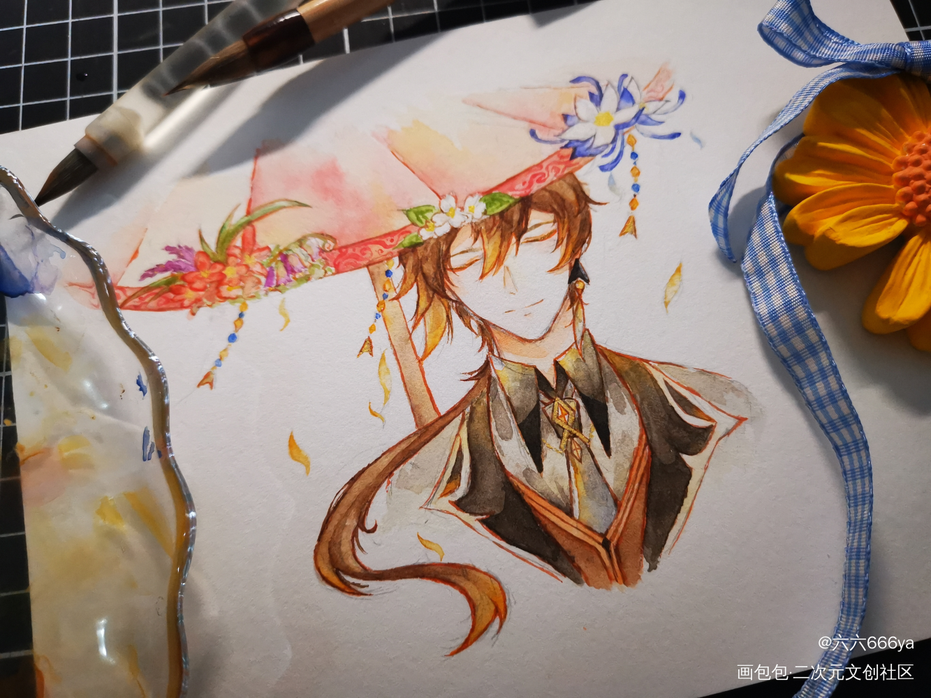 _原神钟离摸鱼页水彩绘画作品